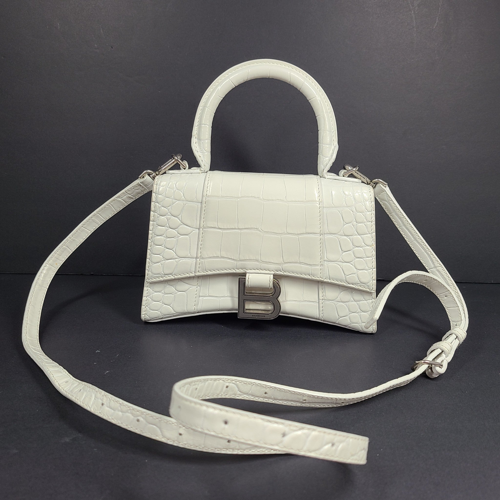 Balenciaga Hourglass Xs Handbag Crocodile Embossed Calfskin in White