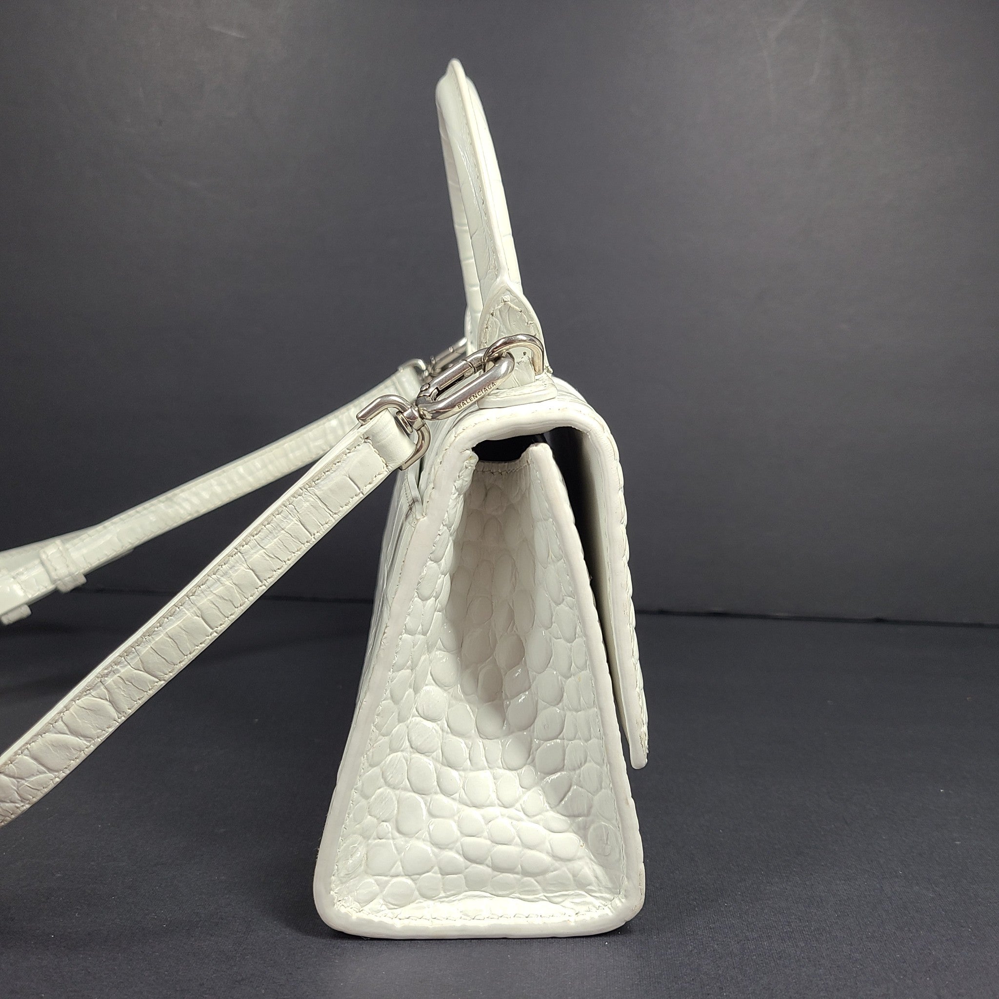 Balenciaga Hourglass Xs Handbag Crocodile Embossed Calfskin in White