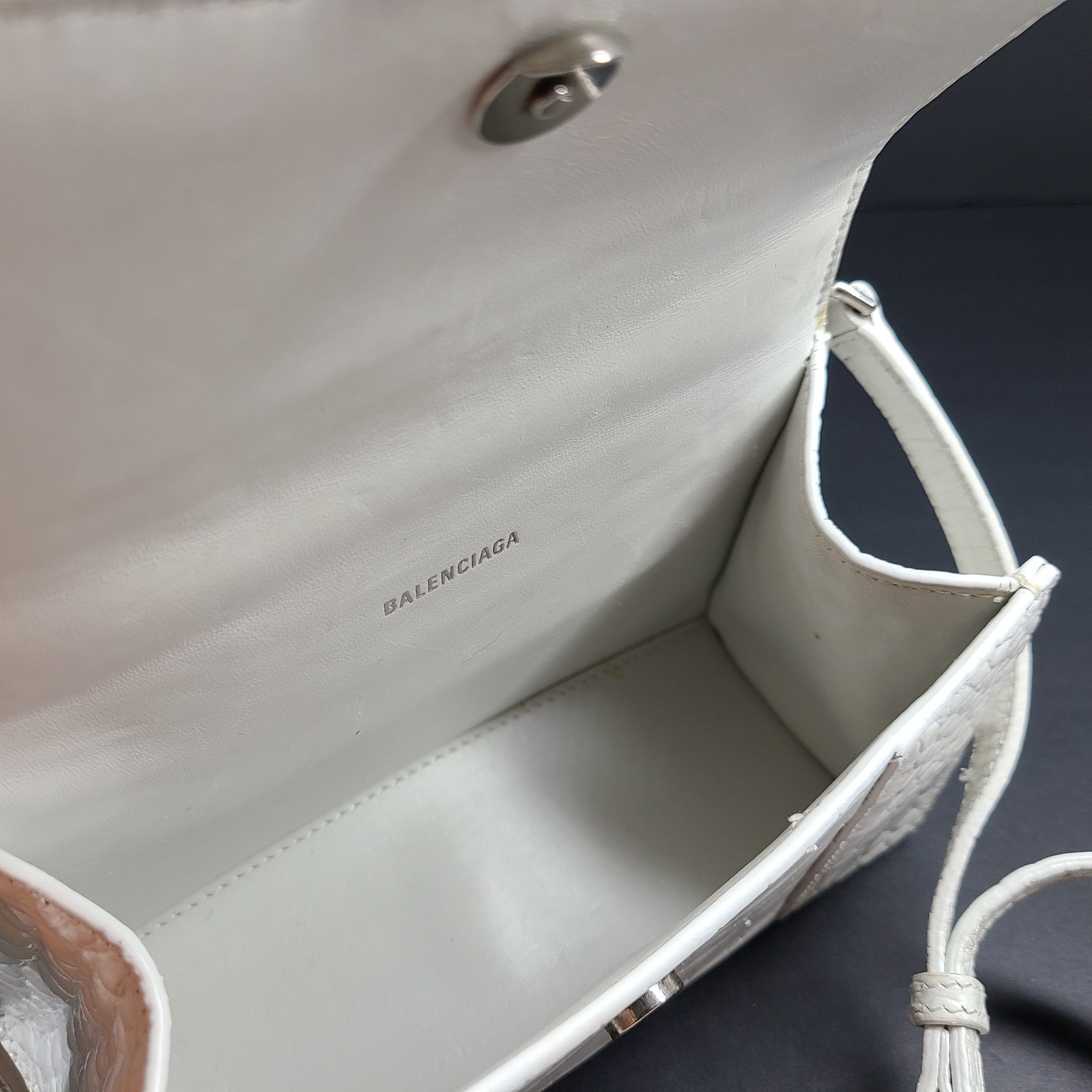 Balenciaga Hourglass Xs Handbag Crocodile Embossed Calfskin in White