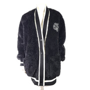 Off-White Faux Fur College Varsity Cardigan Sweater Coat Jacket Black Sz 38/XXS
