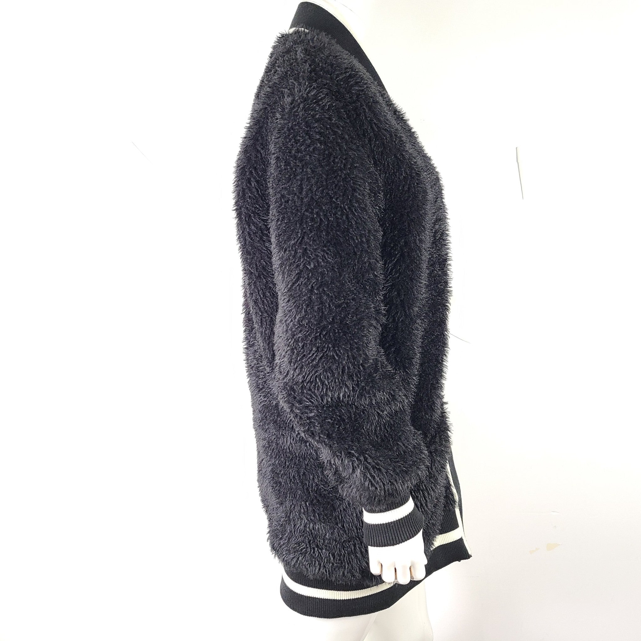 Off-White Faux Fur College Varsity Cardigan Sweater Coat Jacket Black Sz 38/XXS