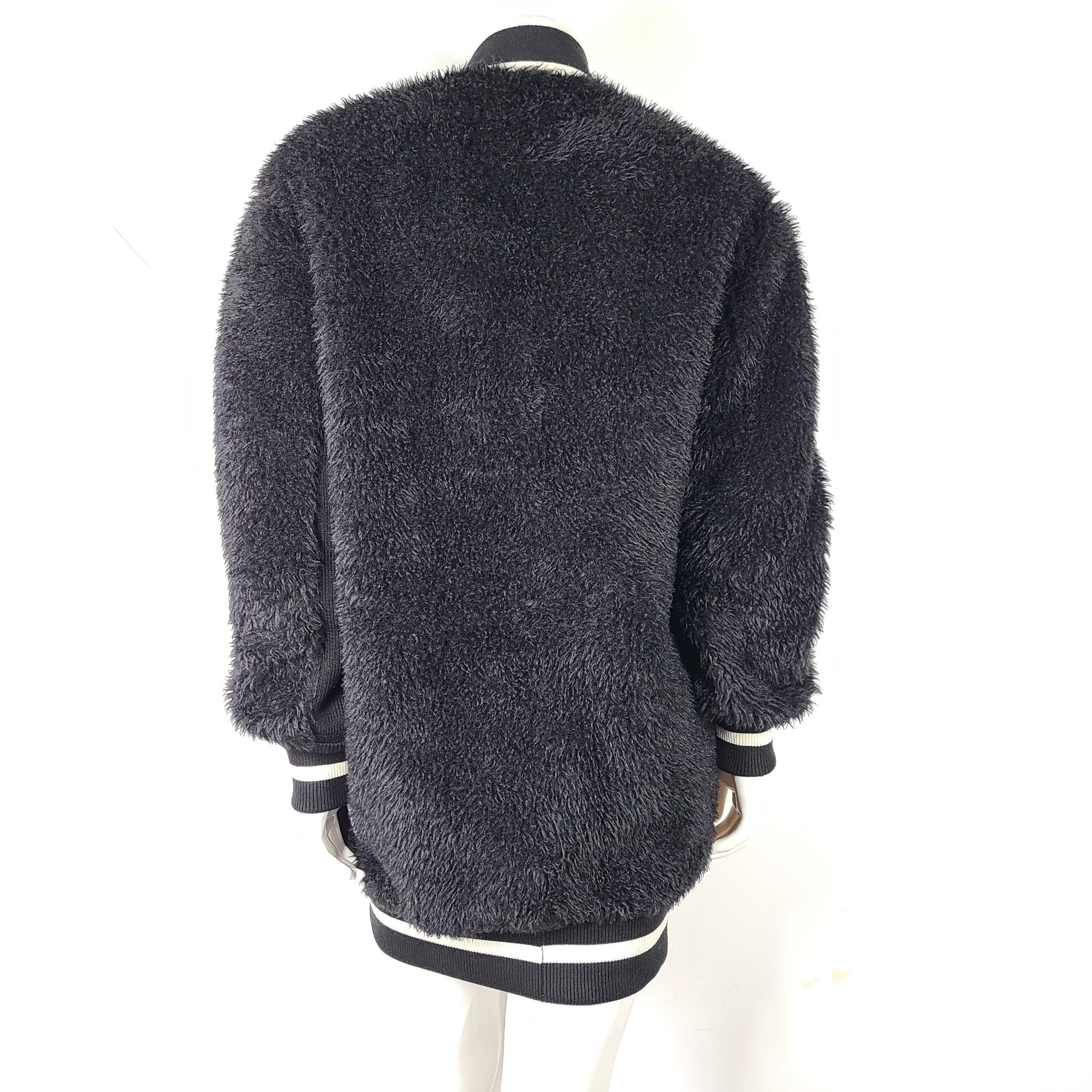 Off-White Faux Fur College Varsity Cardigan Sweater Coat Jacket Black Sz 38/XXS