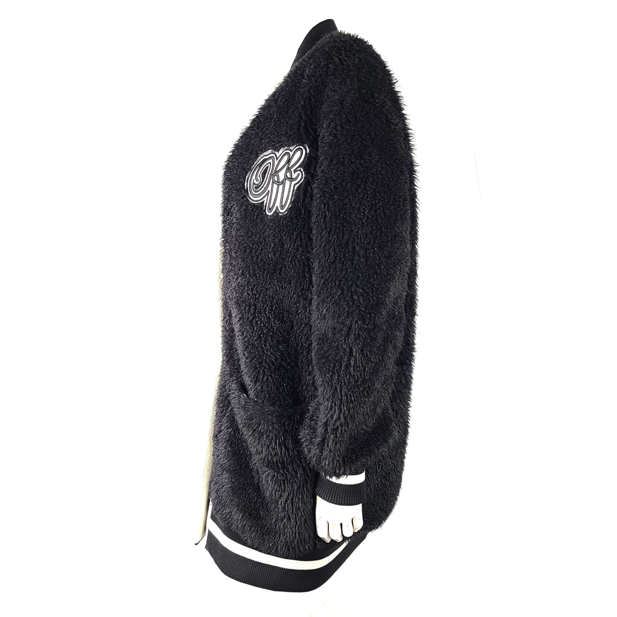 Off-White Faux Fur College Varsity Cardigan Sweater Coat Jacket Black Sz 38/XXS
