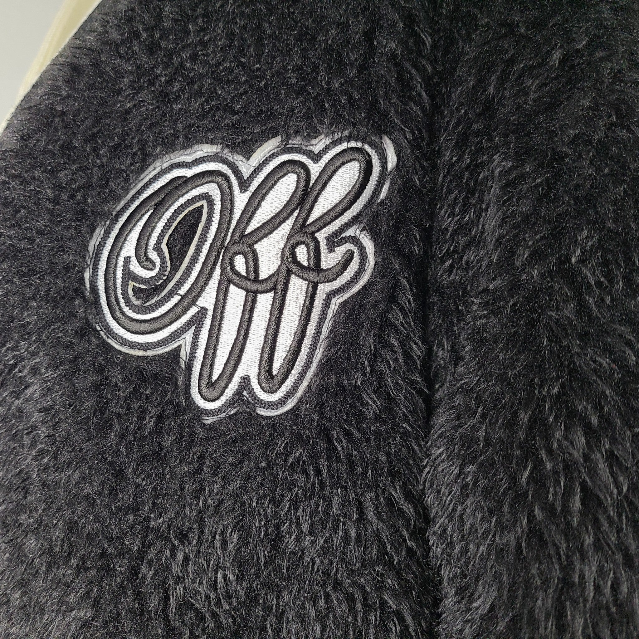 Off-White Faux Fur College Varsity Cardigan Sweater Coat Jacket Black Sz 38/XXS