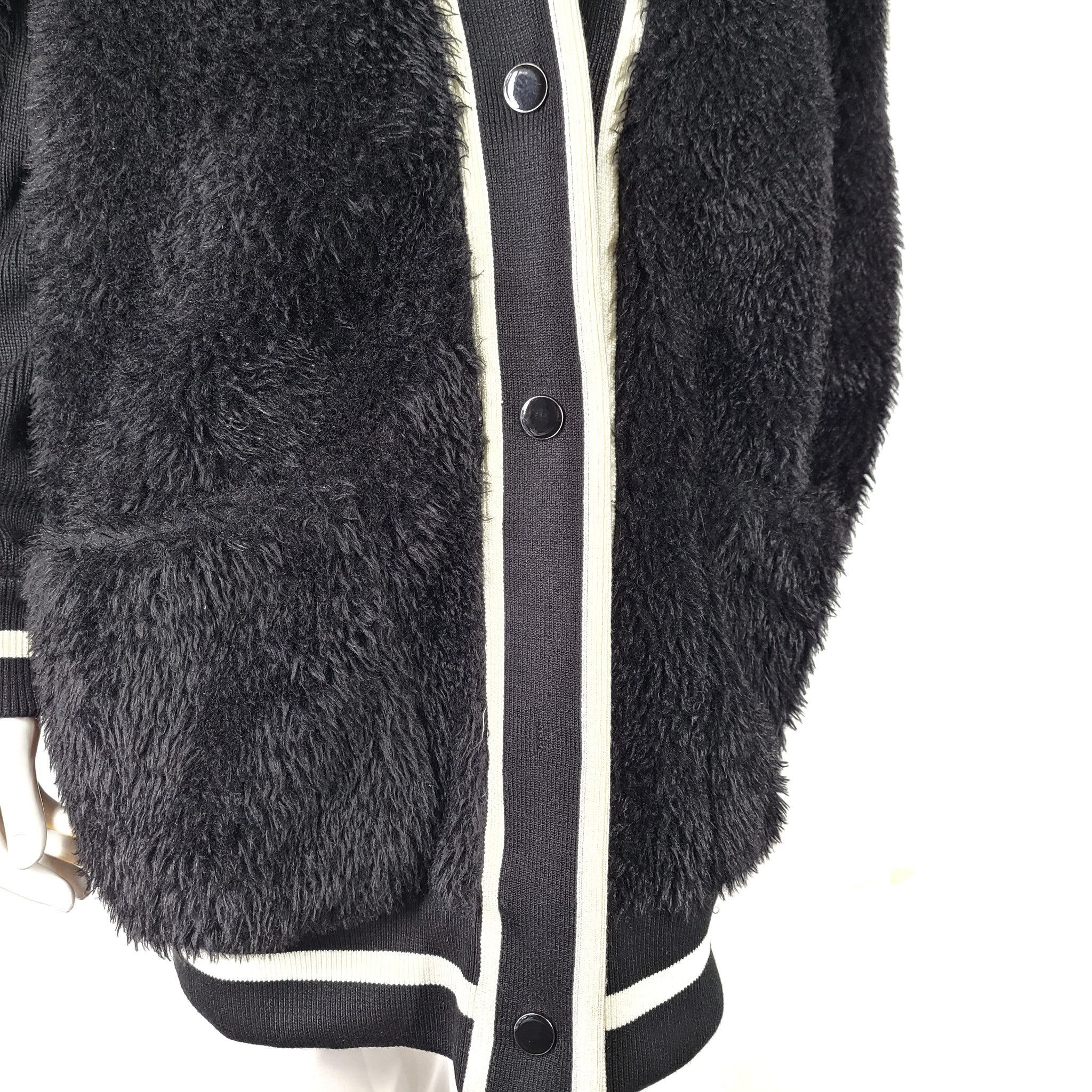 Off-White Faux Fur College Varsity Cardigan Sweater Coat Jacket Black Sz 38/XXS
