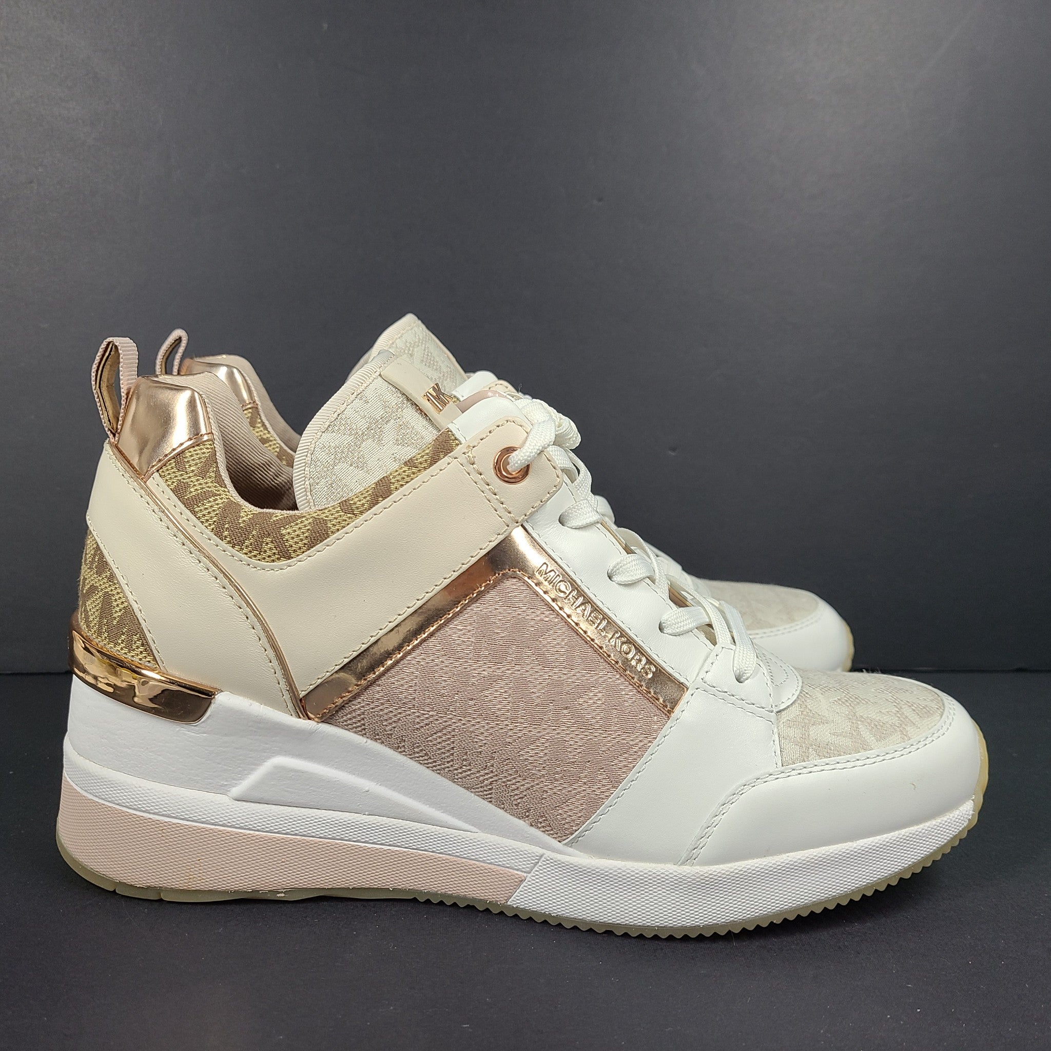 Michael Kors Women's Georgie Leather and Logo Trainer Shoes Sneakers Rose Gold 9