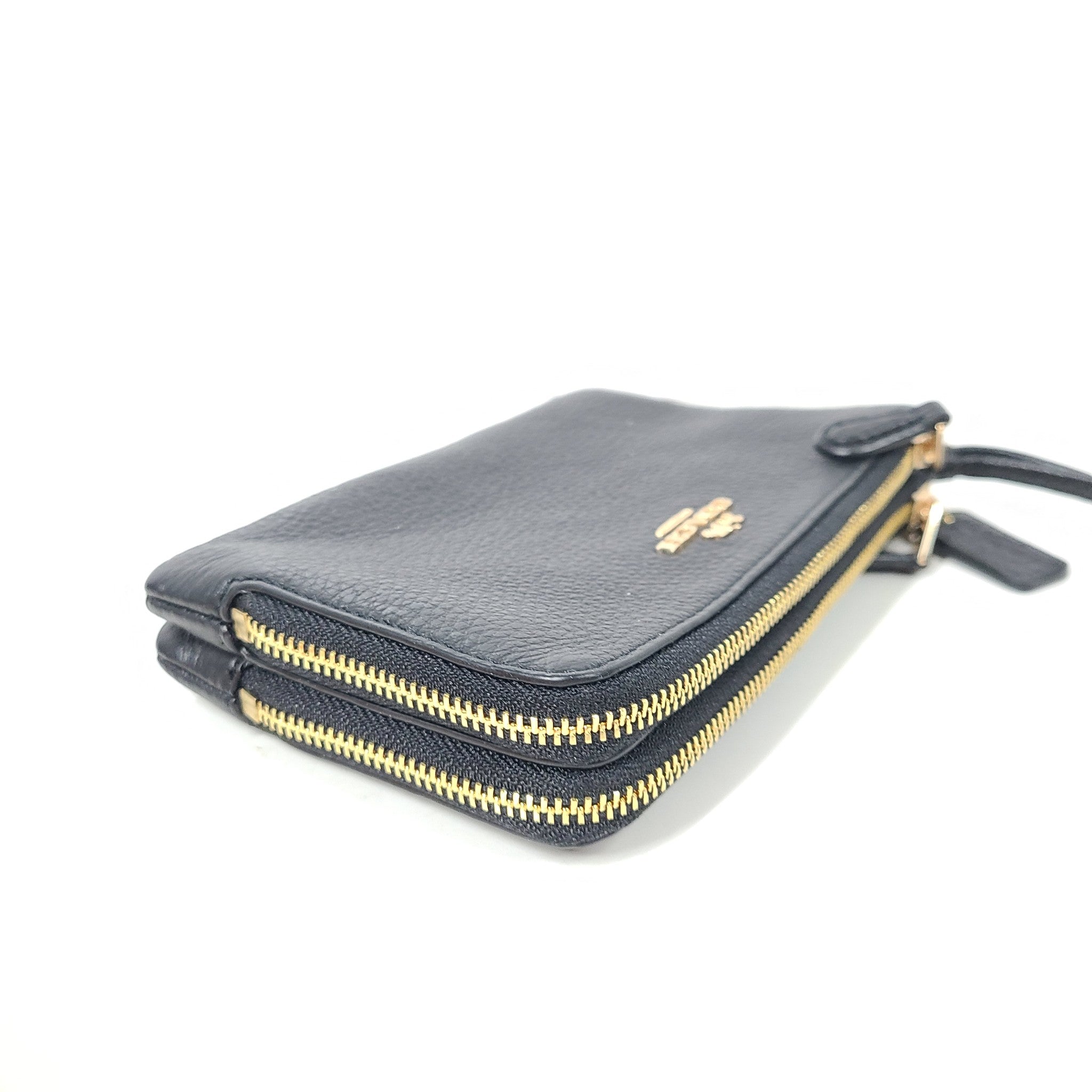 Coach Double Corner Zip Wristlet Wallet Zippered 6649 Pebble Leather Black