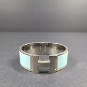 Hermes Clic Clac H Bracelet Silver Enamel Light Blue Wide PM 100% Authentic
