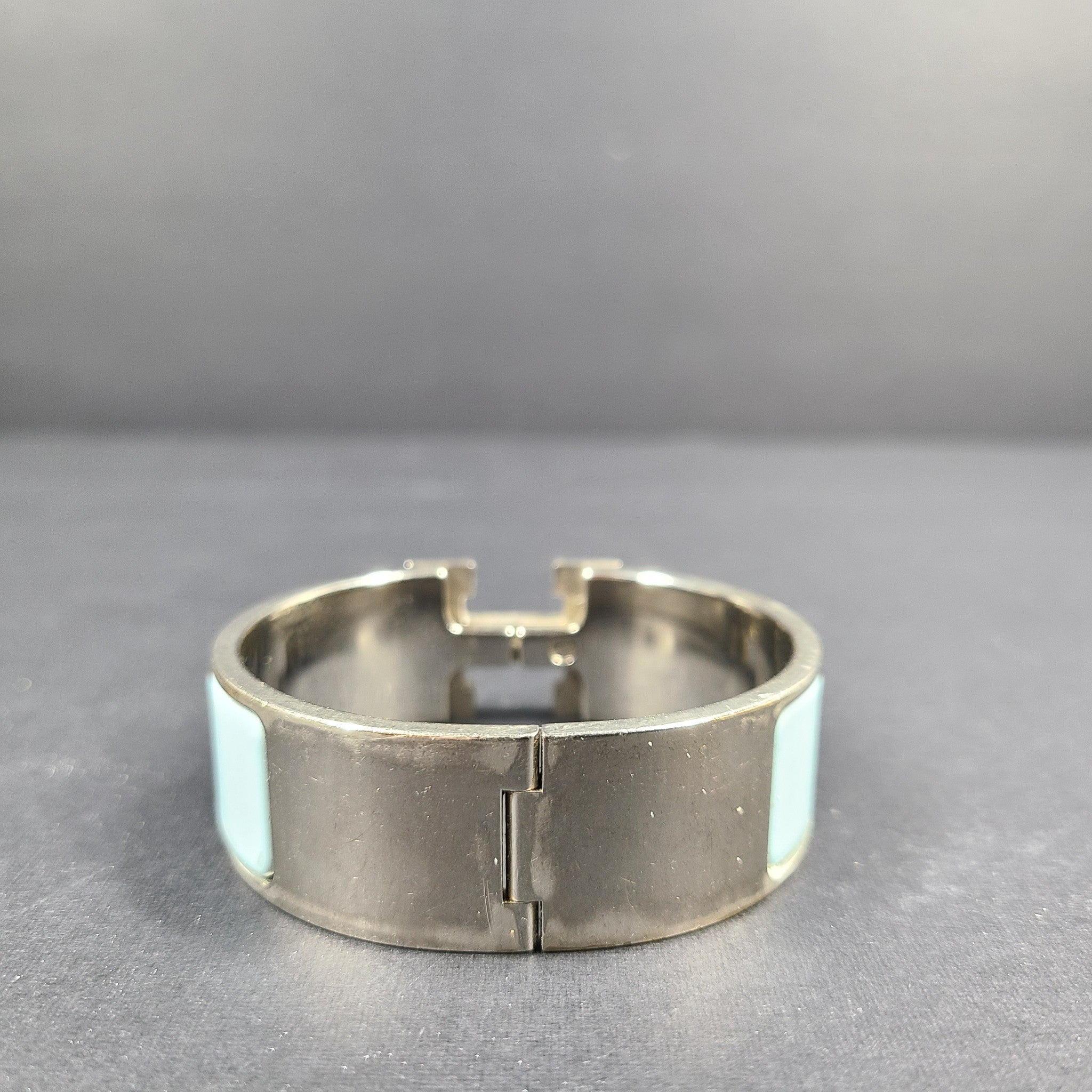 Hermes Clic Clac H Bracelet Silver Enamel Light Blue Wide PM 100% Authentic