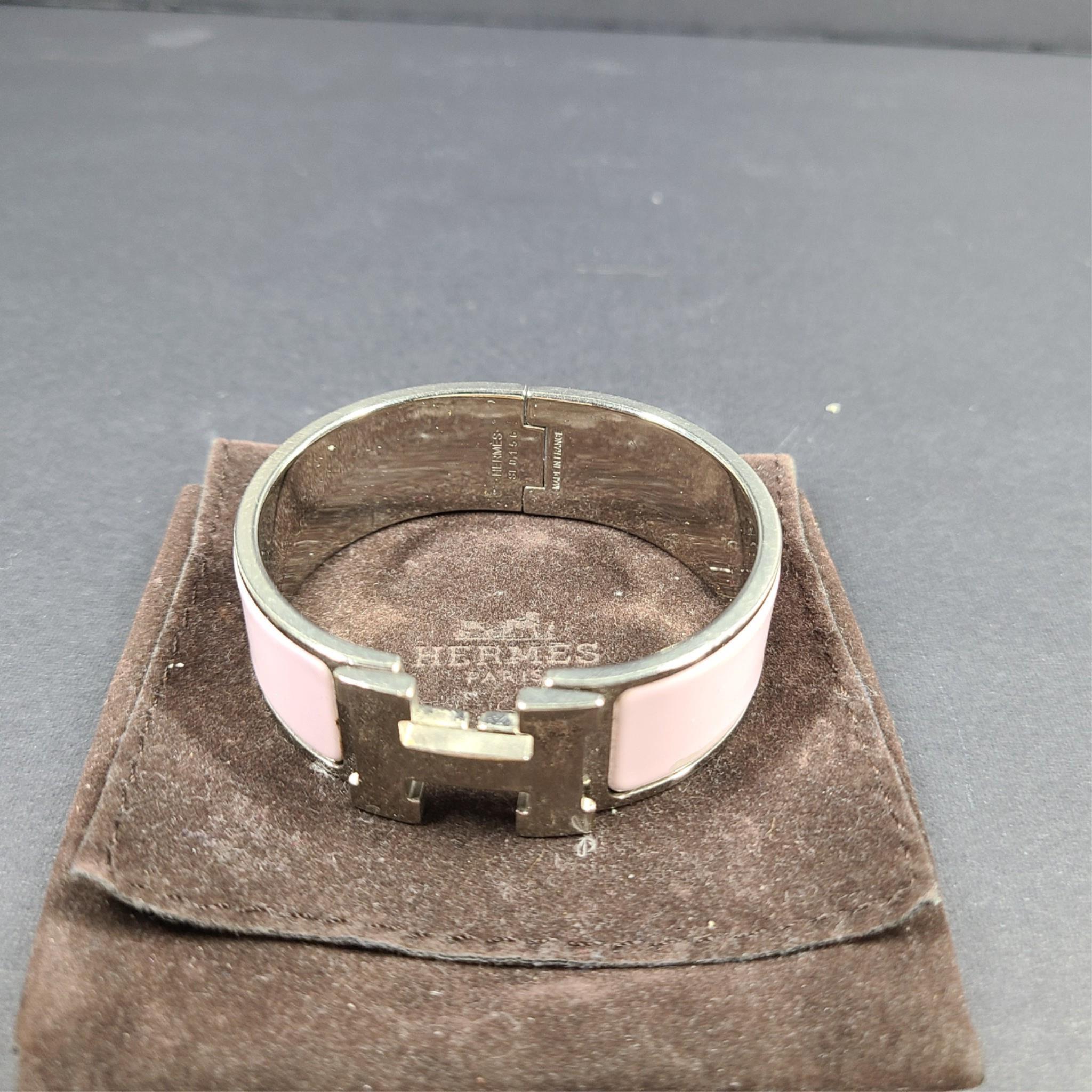 Hermes Clic Clac H Bracelet Silver Enamel Light Pink Wide PM 100% Authentic