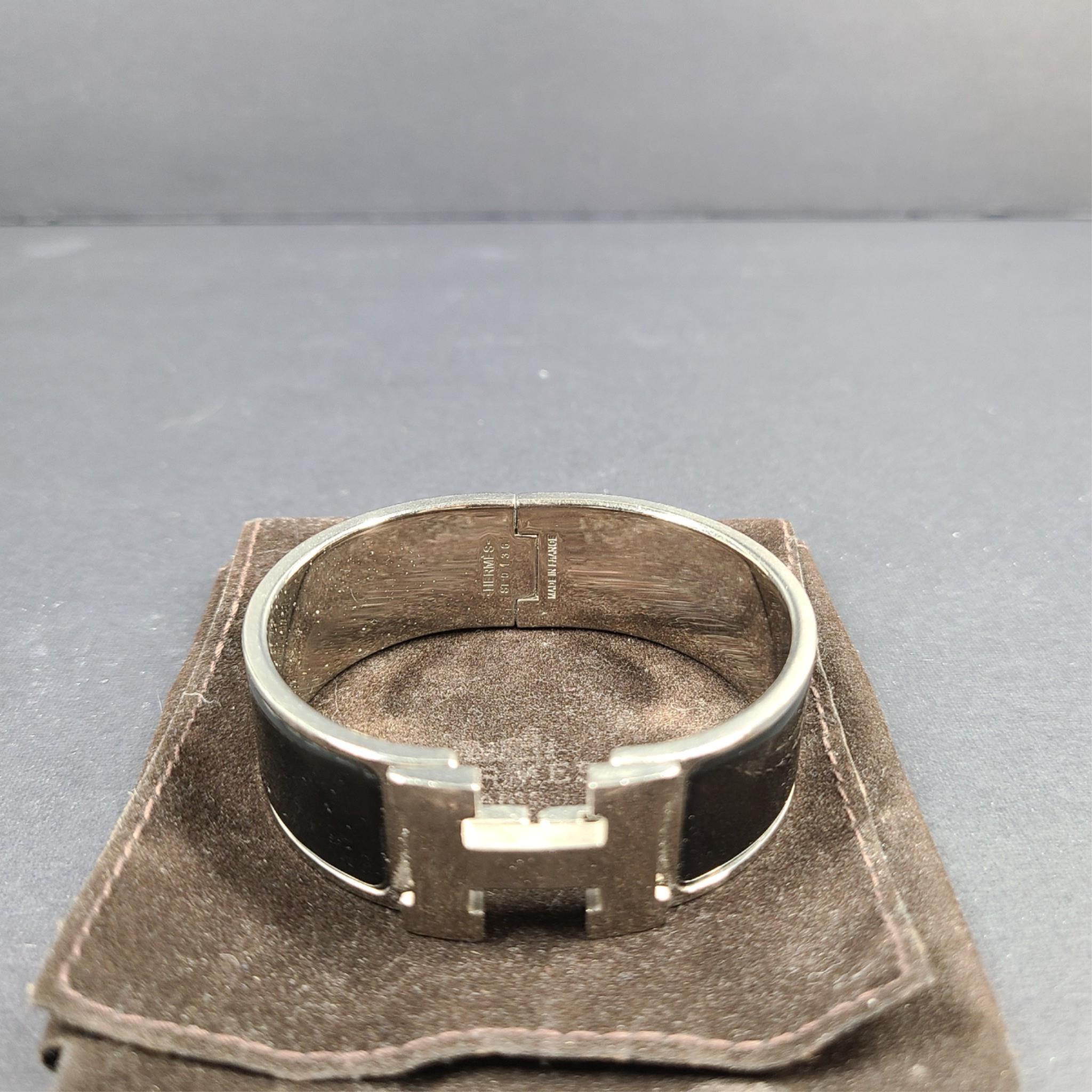 Hermes Clic Clac H Bracelet Silver Enamel Black Wide PM 100% Authentic