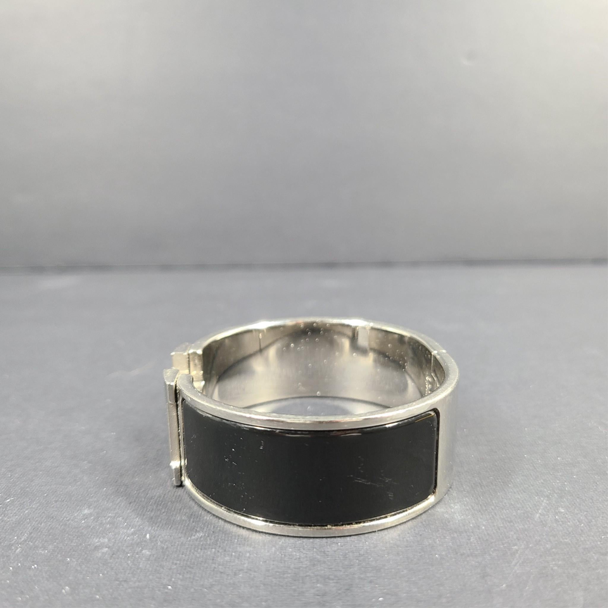 Hermes Clic Clac H Bracelet Silver Enamel Black Wide PM 100% Authentic