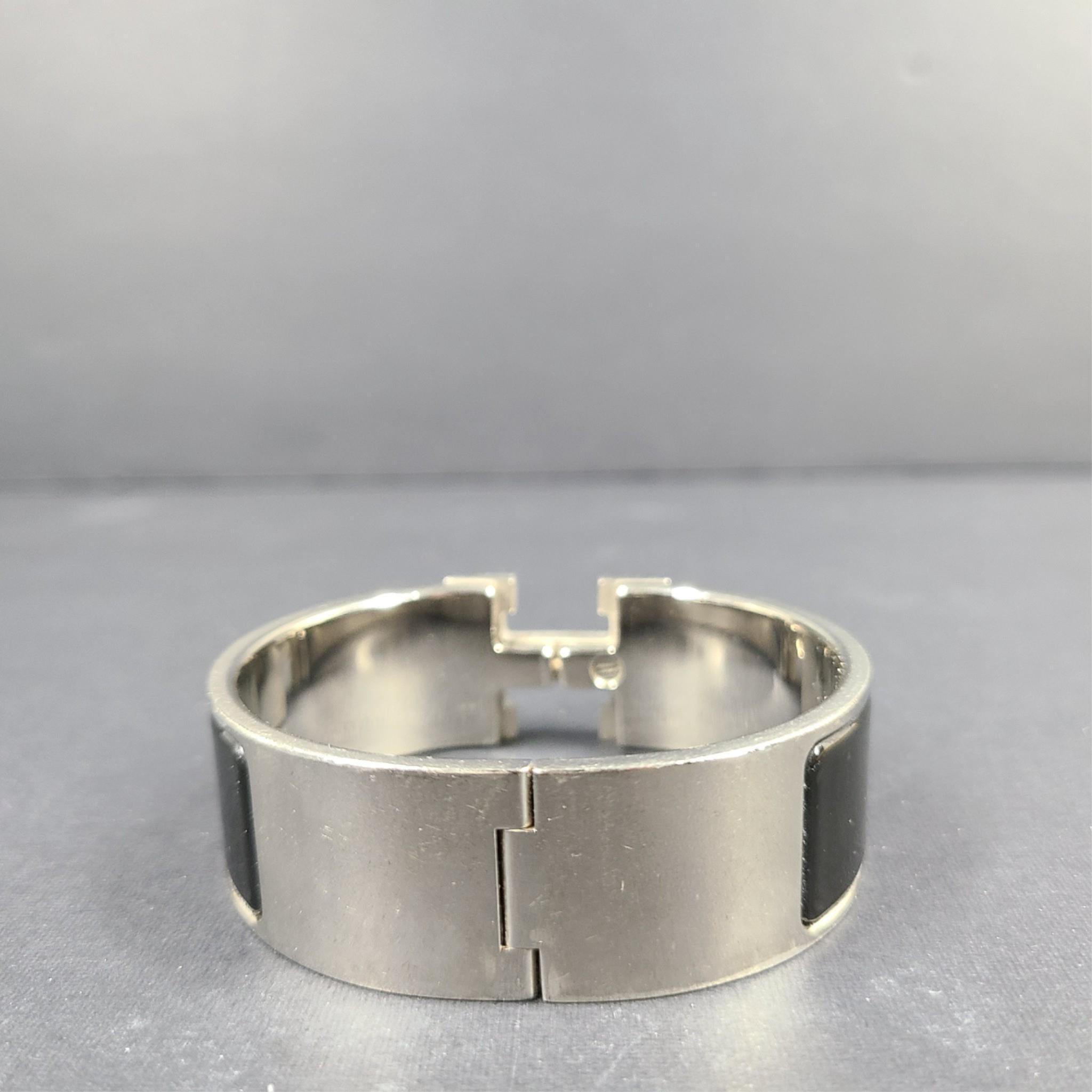 Hermes Clic Clac H Bracelet Silver Enamel Black Wide PM 100% Authentic