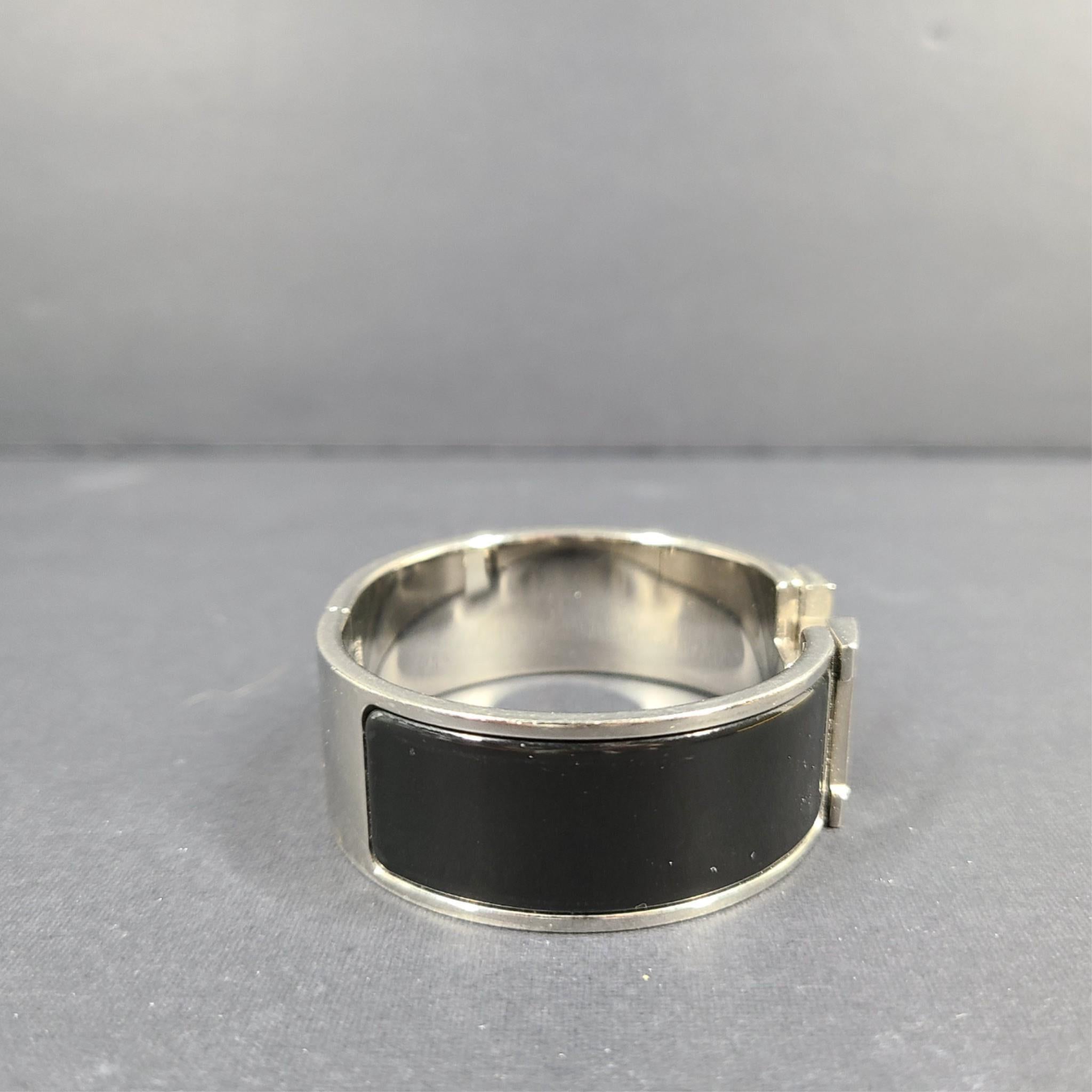 Hermes Clic Clac H Bracelet Silver Enamel Black Wide PM 100% Authentic