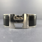 Hermes Clic Clac H Bracelet Silver Enamel Black Wide PM 100% Authentic