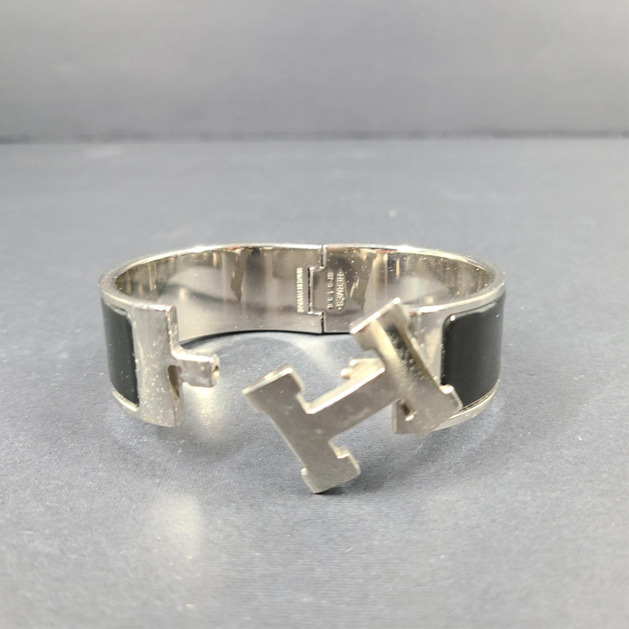 Hermes Clic Clac H Bracelet Silver Enamel Black Wide PM 100% Authentic