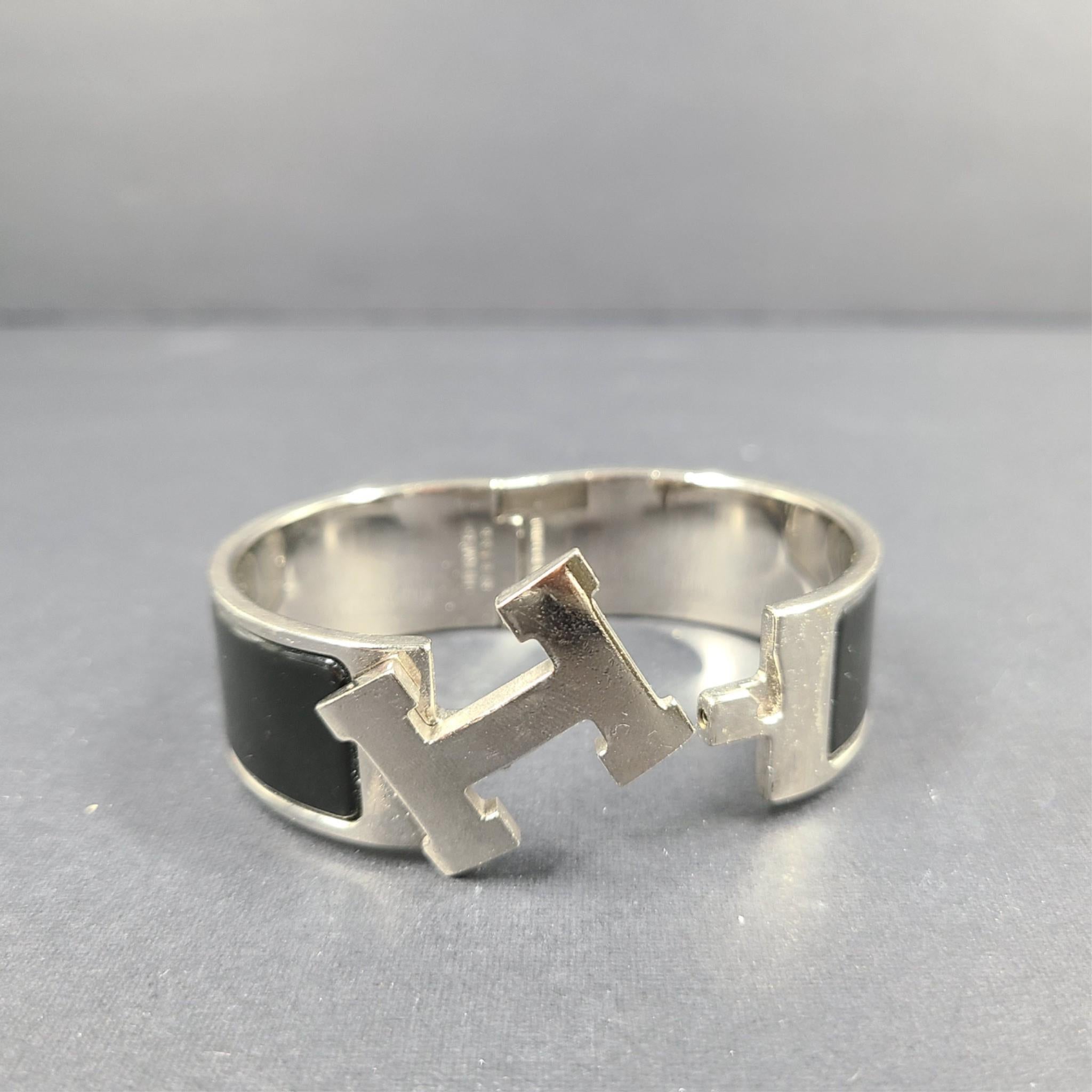 Hermes Clic Clac H Bracelet Silver Enamel Black Wide PM 100% Authentic