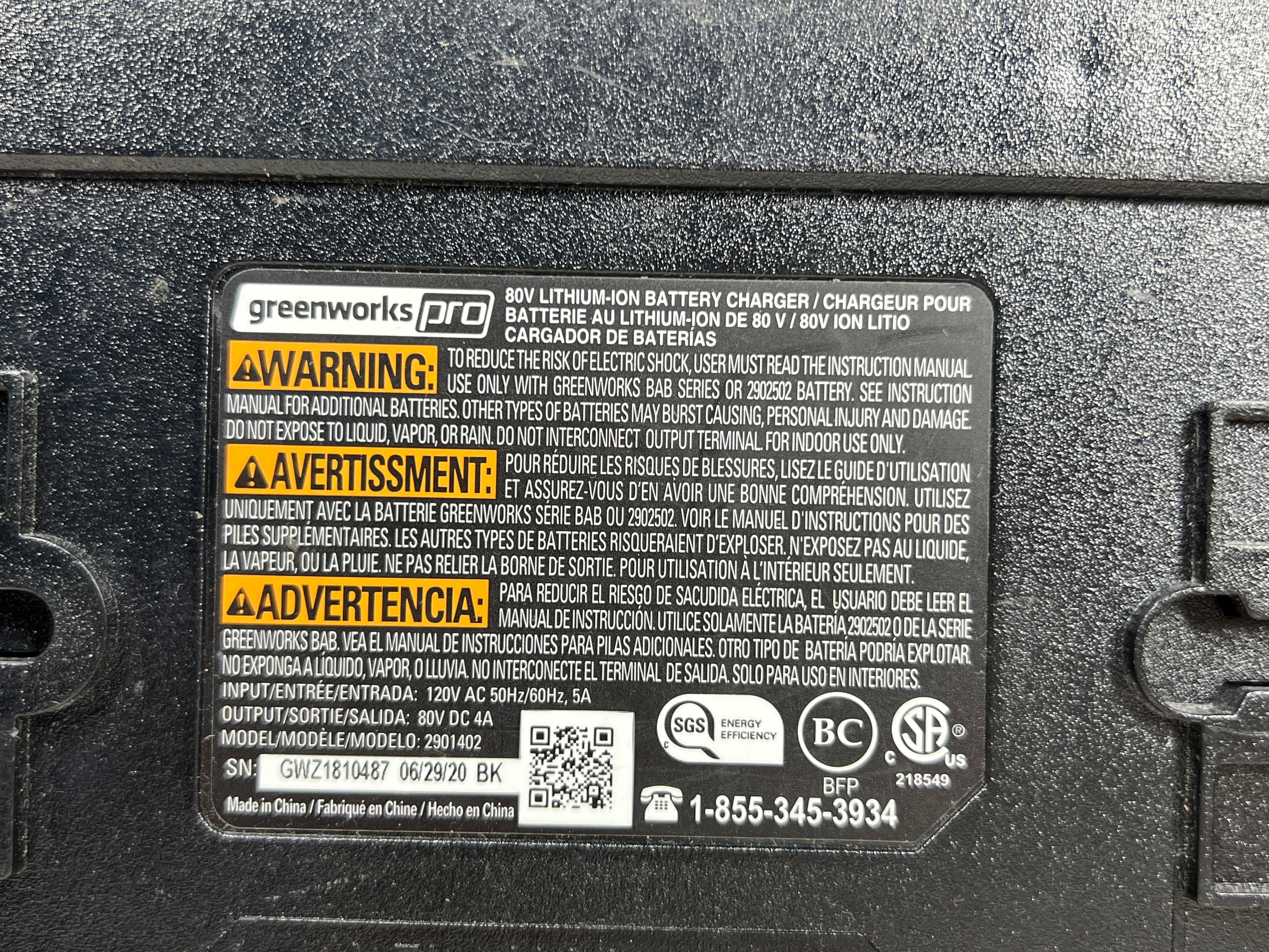 Greenworks Pro 80V Max Charger 2901402 + 72V 2Ah Battery