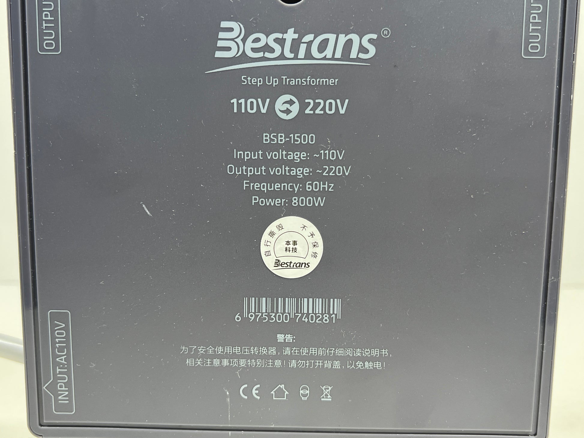 Bestrans 800W step-up transformer with dual universal AC outlets and attached power cord.