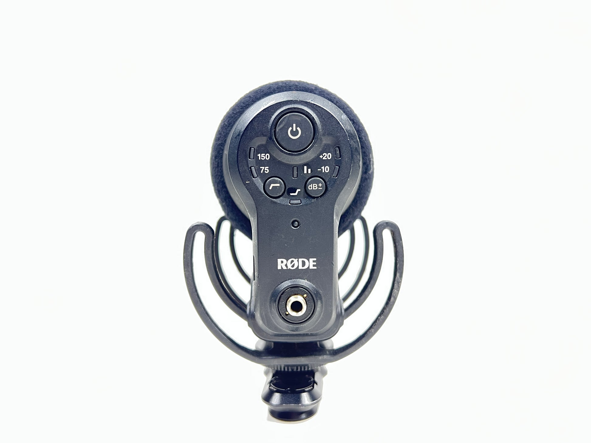 Used Rode VideoMic Pro shotgun microphone with damaged foam windscreen and visible onboard audio controls.