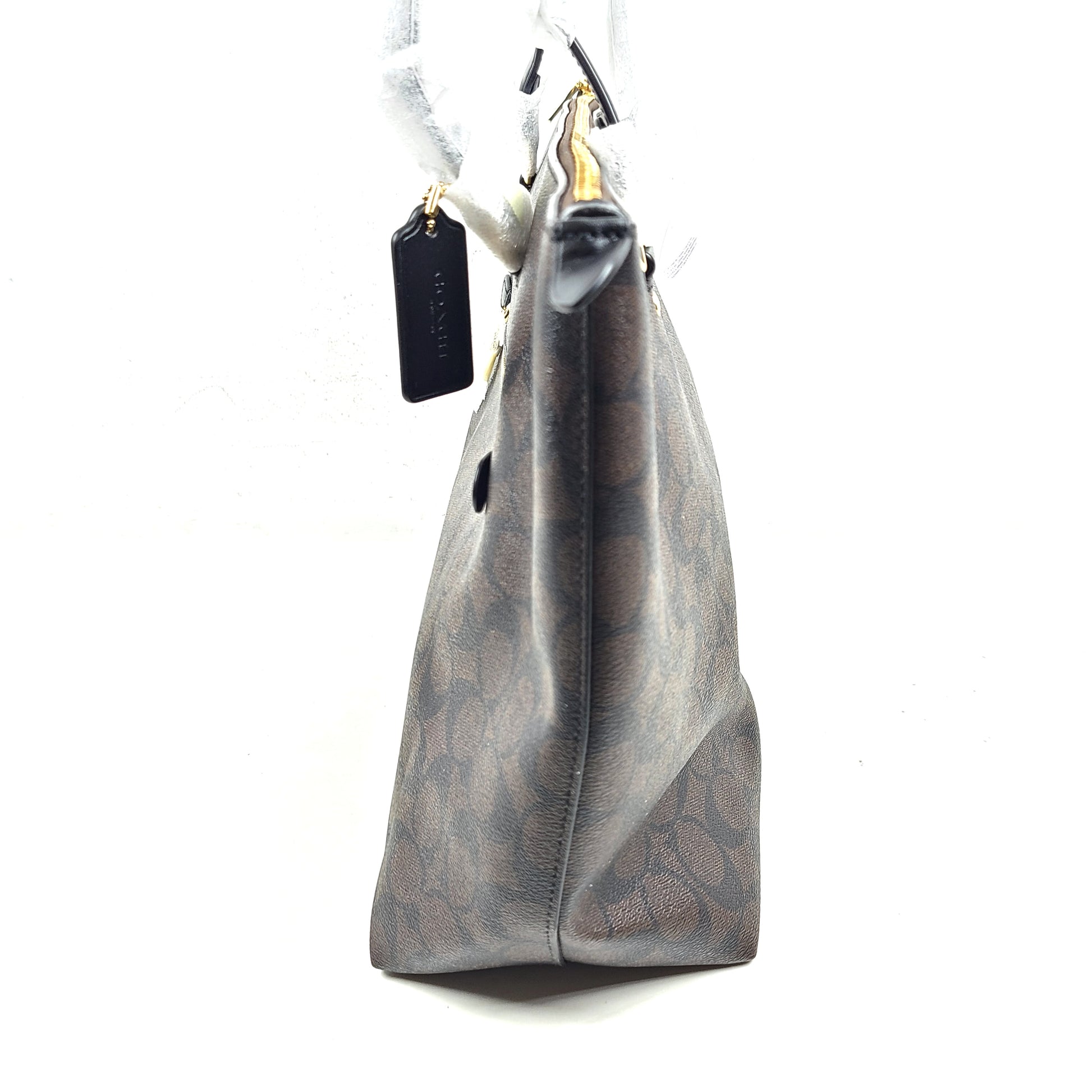 Brown Coach Gallery Tote with gold zip, black trim
