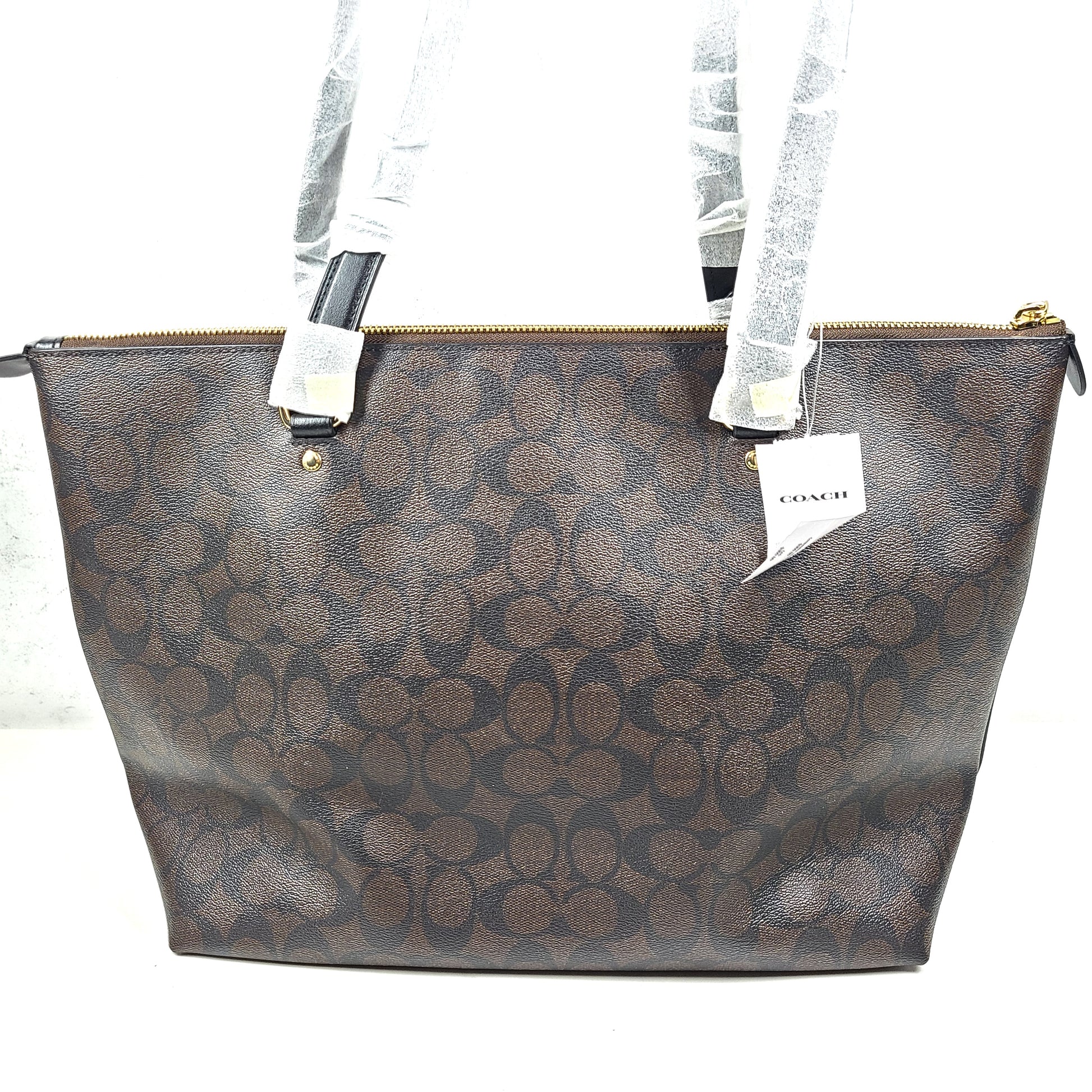 Brown Coach Gallery Tote with gold zip, black trim