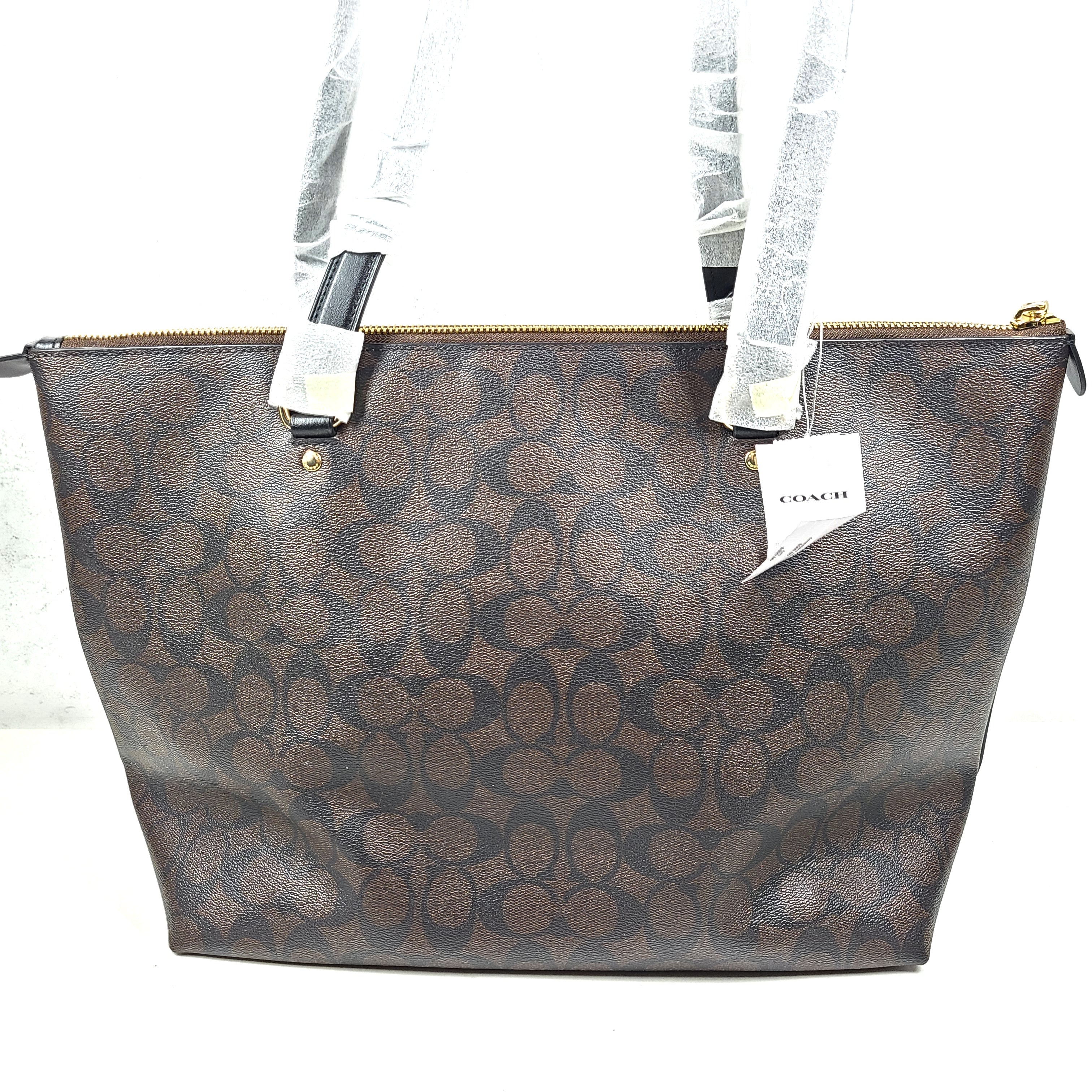 Brown Coach Gallery Tote with gold zip, black trim