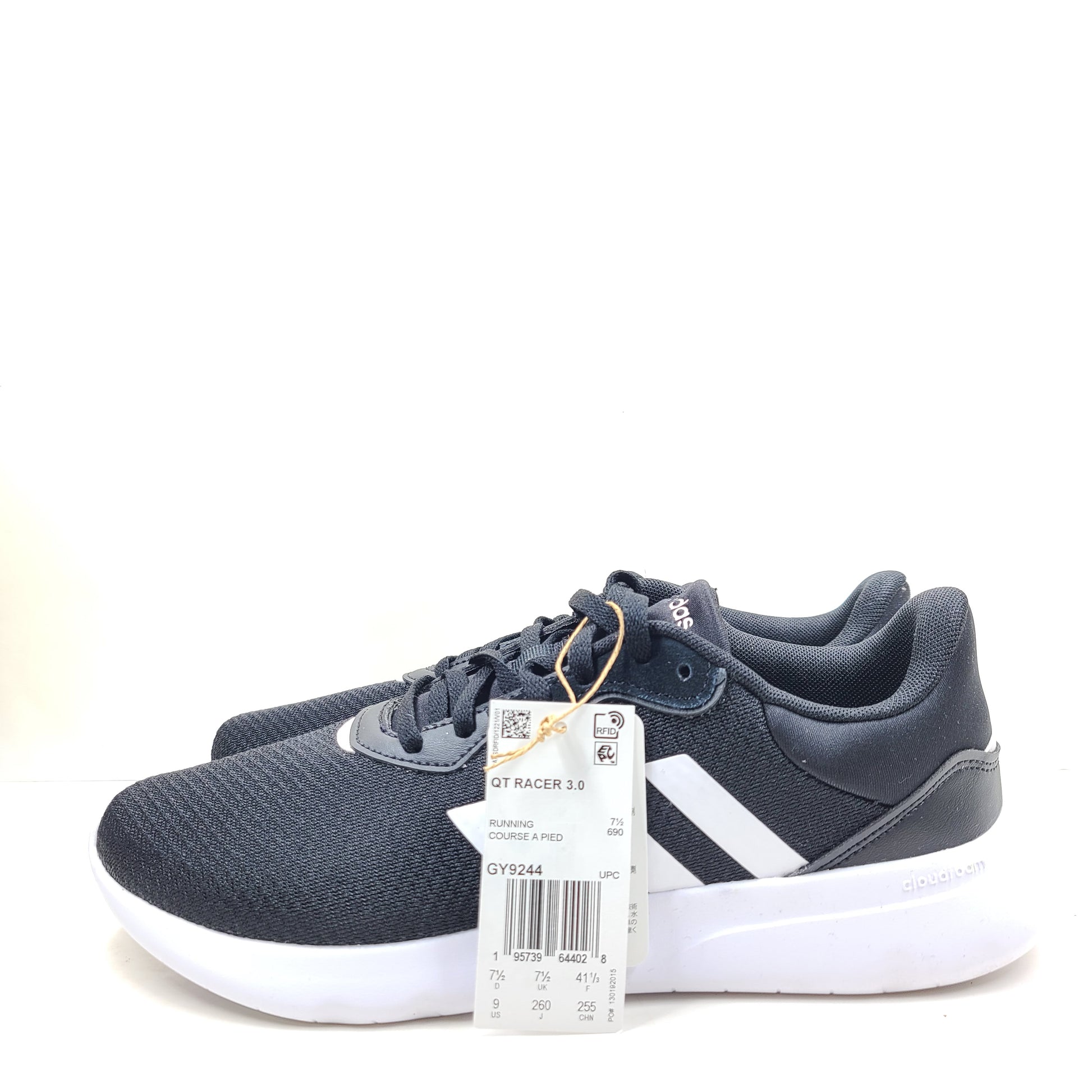 A pair of women's Adidas QT Racer 3.0 running shoes in size 7.5 with cloudfoam sole and END PLASTIC WASTE detail.