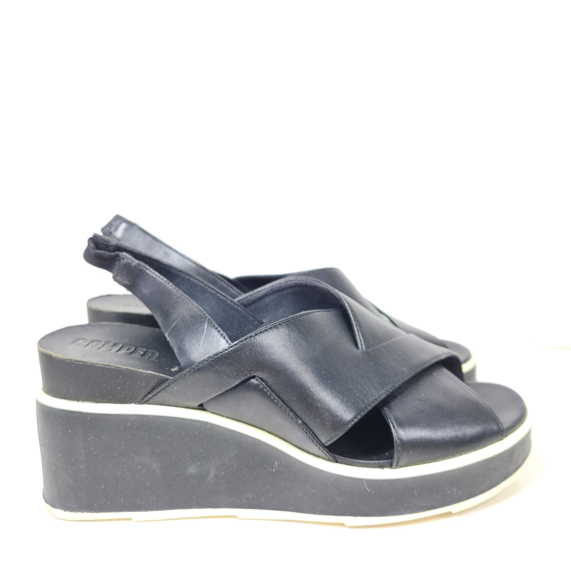 A pair of black Camper women's slingback platform sandals in size 38.