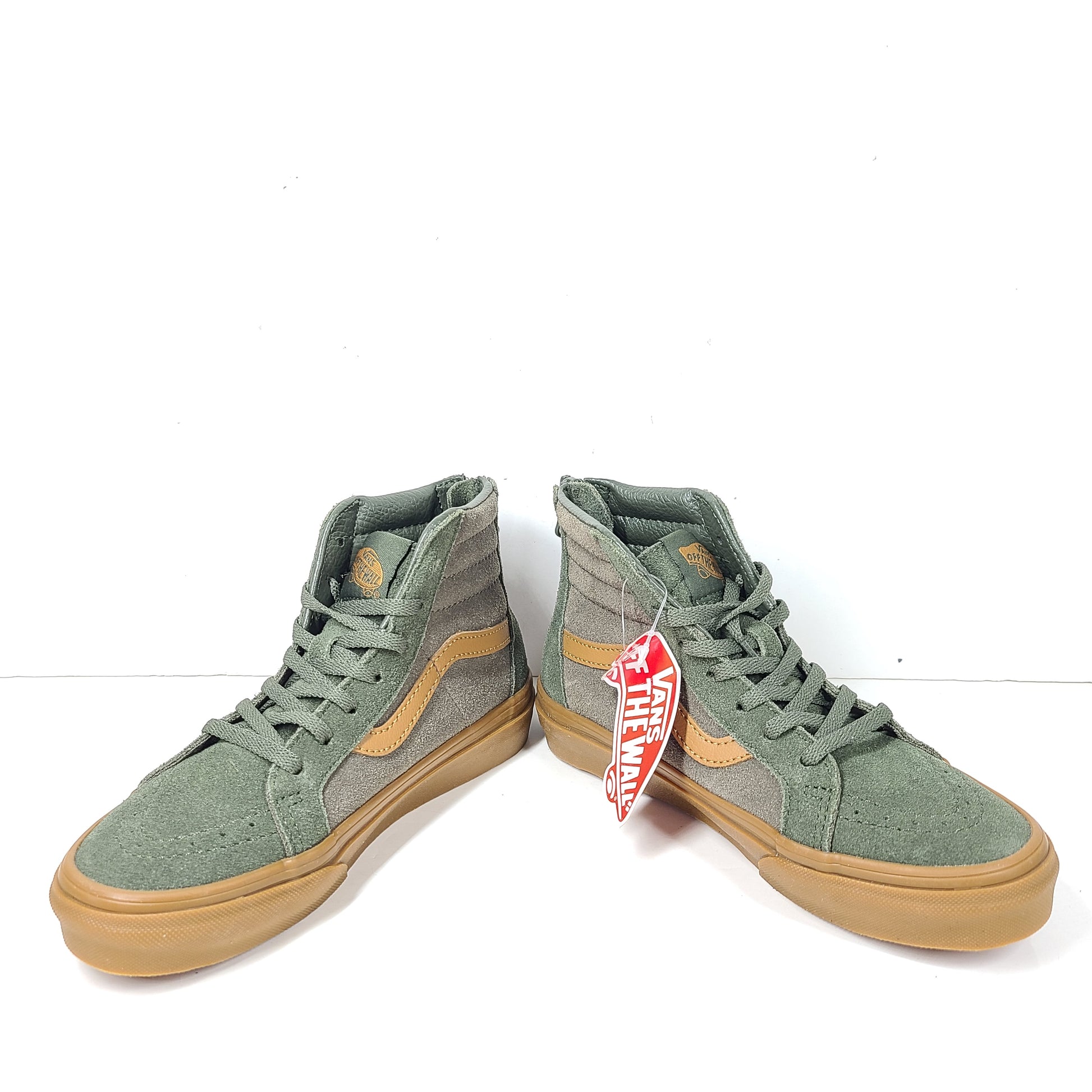 A pair of Vans Off the Wall High-Top Sneakers in Khaki and Gum for Kids size 1.5