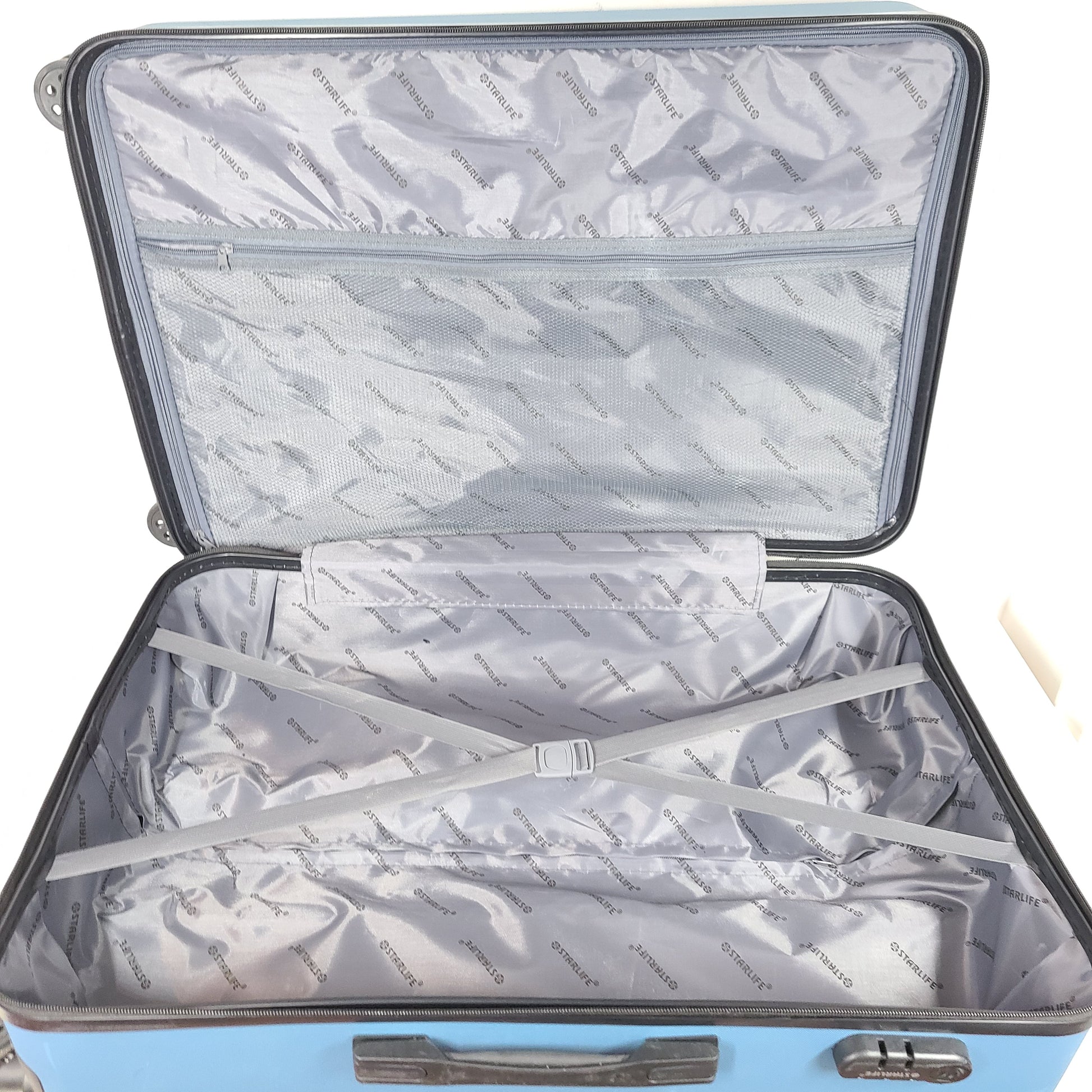 A versatile blue hard-shell suitcase with spinner wheels.