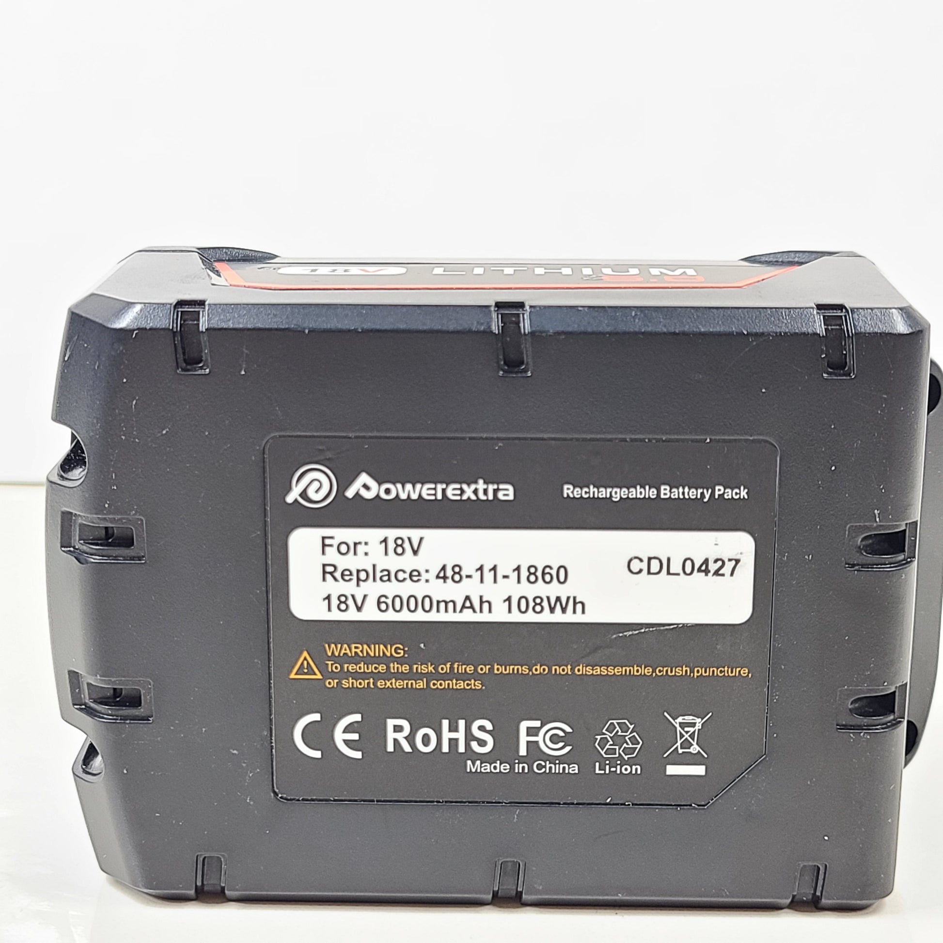 A reliable and durable Powerextra 18V Lithium-Ion Battery 6.0Ah CDL0427 for various devices.