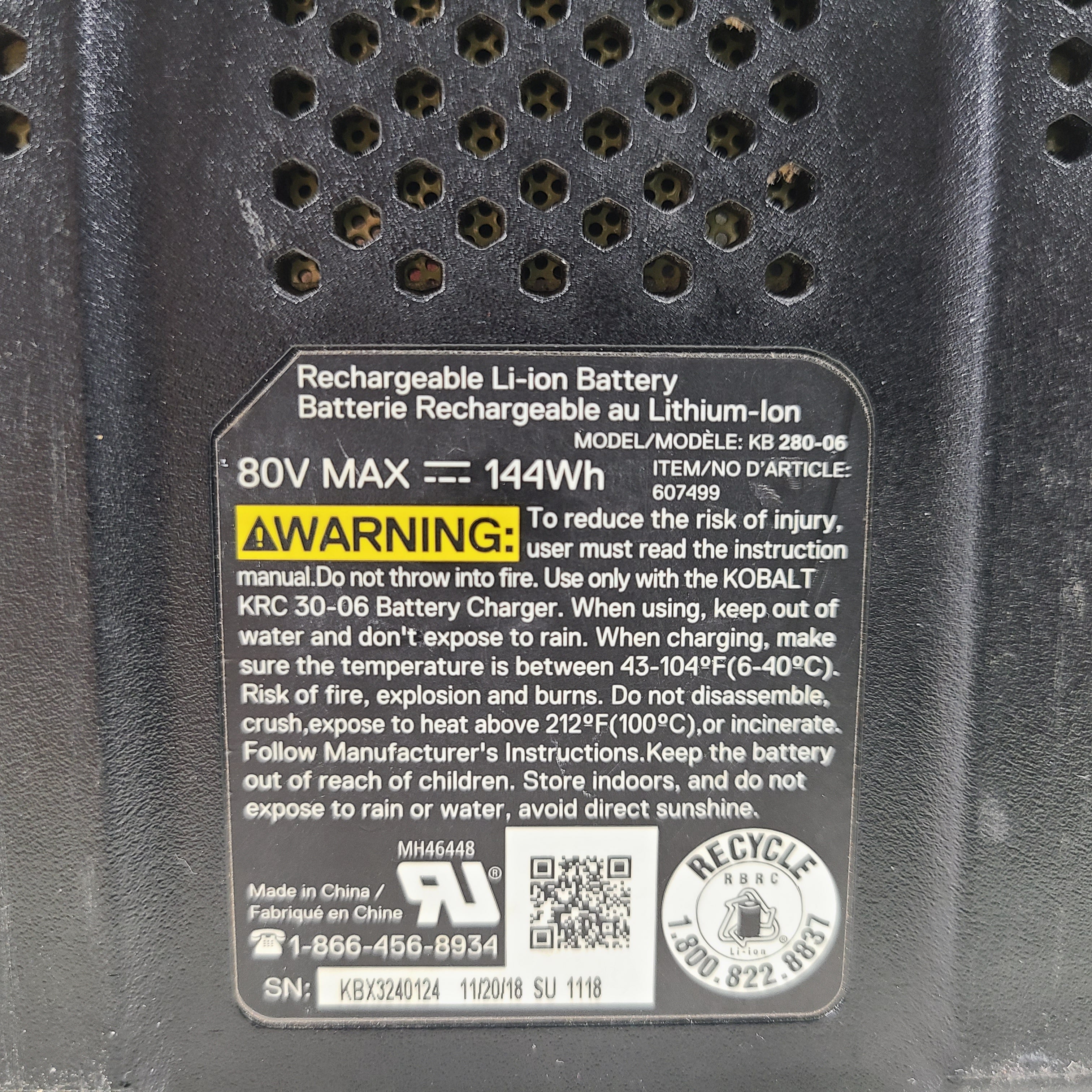 </strong> A Kobalt Lithium Ion Battery 80V Max 2.0 Ah KB 280-06</p>