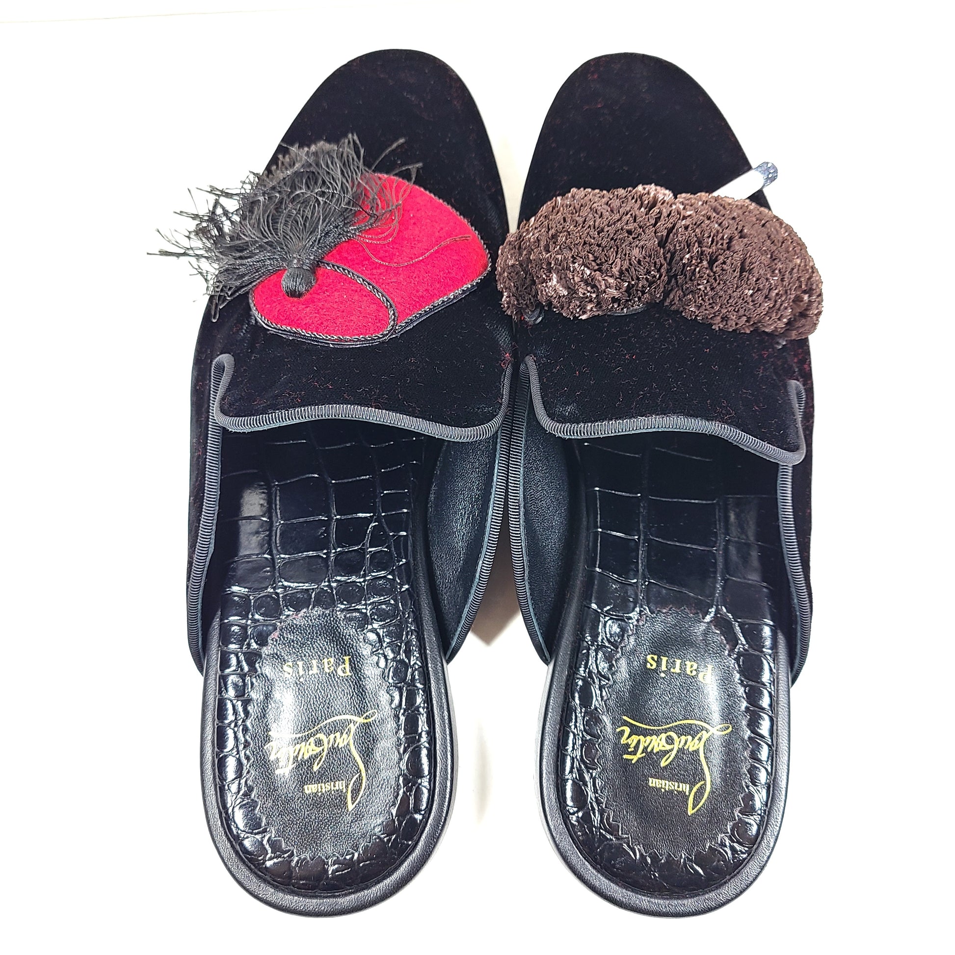 A pair of Christian Louboutin Black Velvet Tassel Slippers Size 41 for men