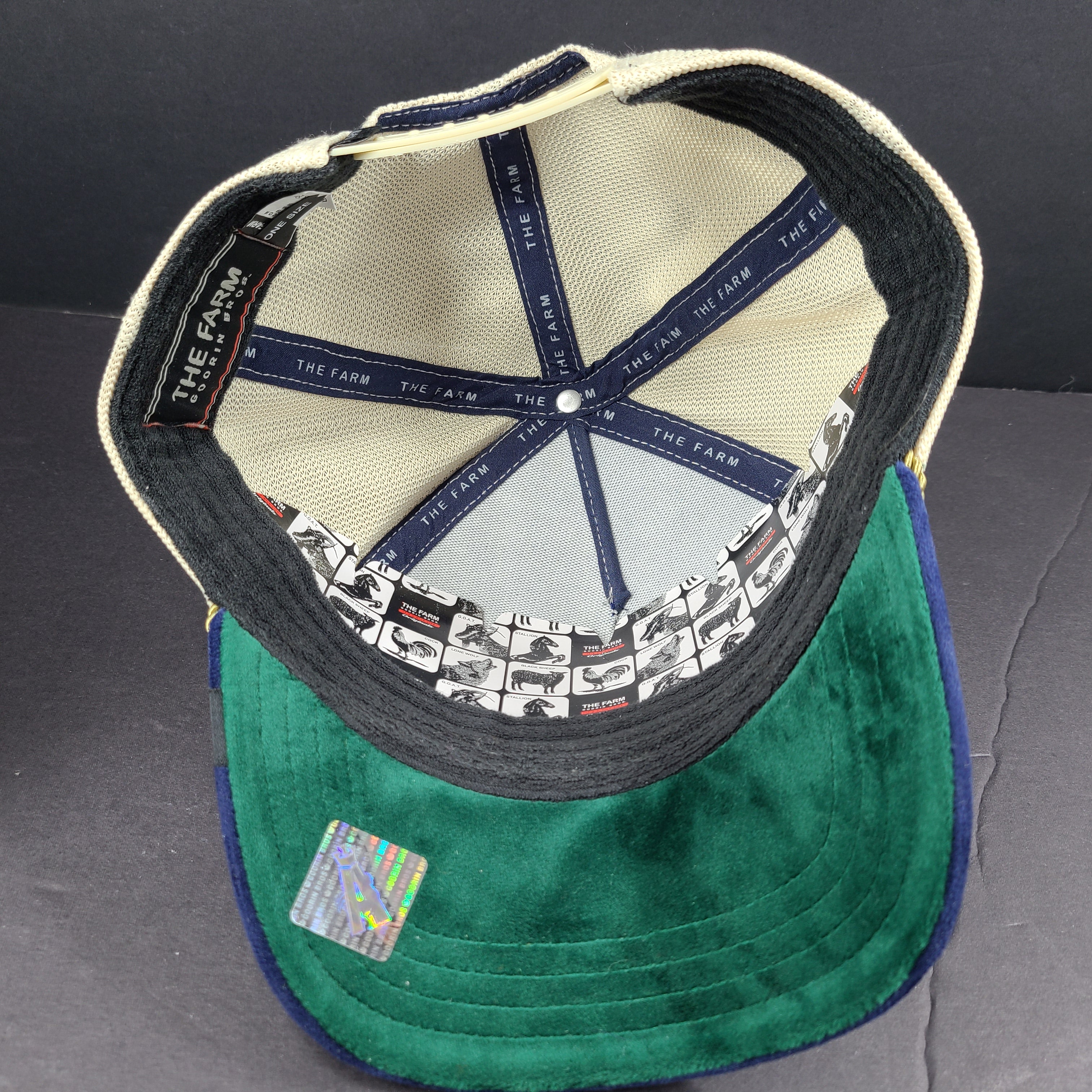 A stylish blue and beige trucker hat by Goorin Bros.