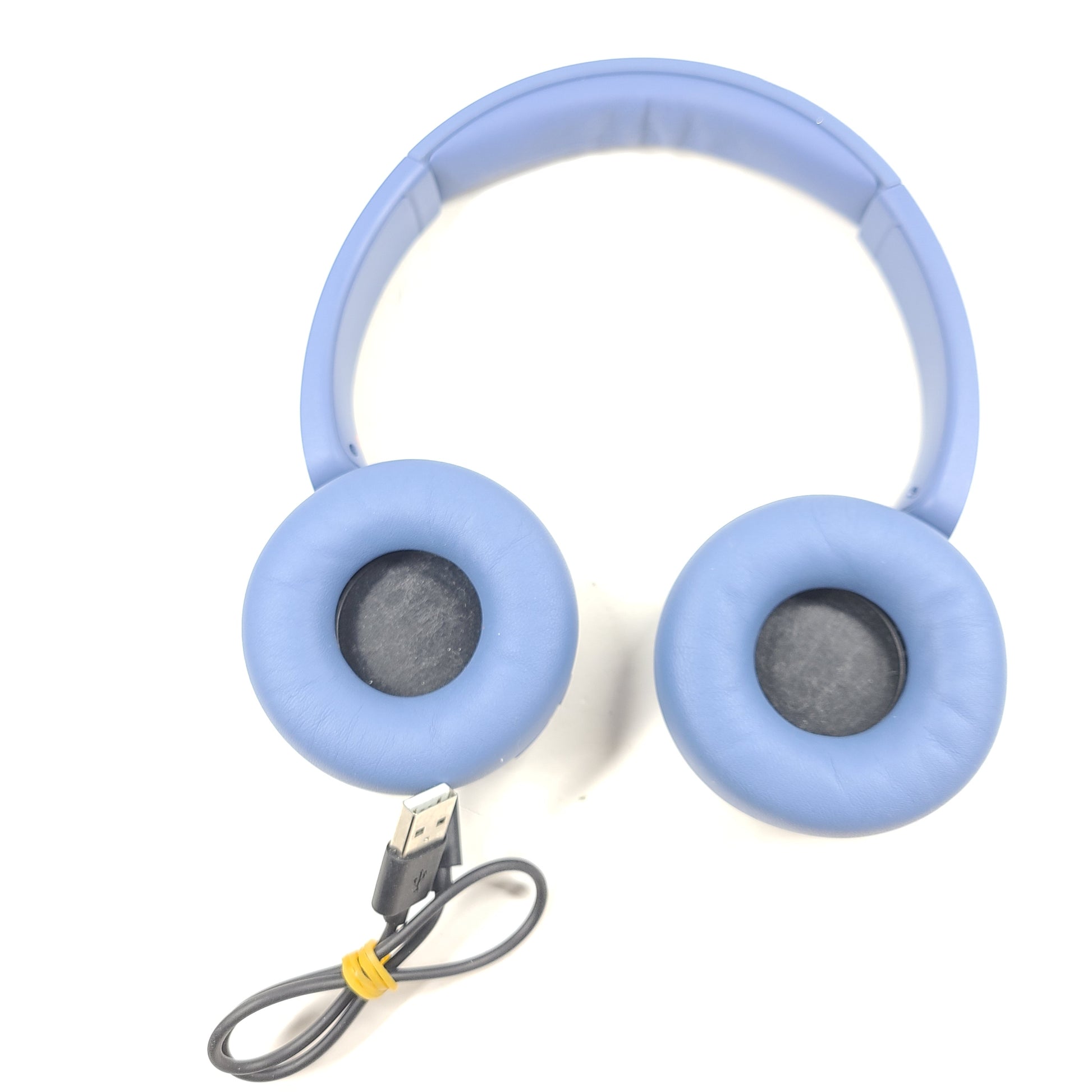 Blue Sony WH-CH520 on-ear headphones with a lightweight headband and Bluetooth connectivity for hands-free listening.