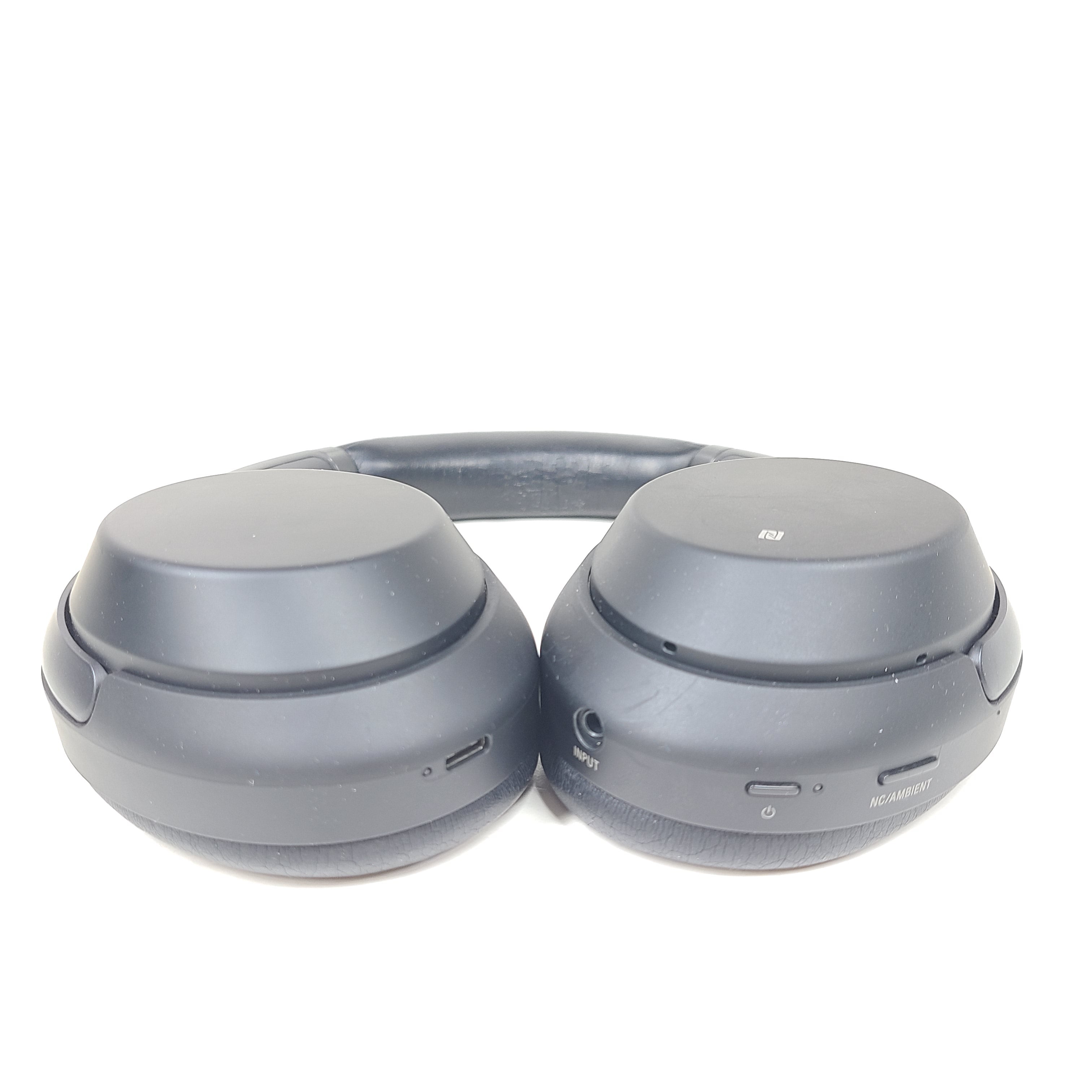 Black Sony WH-1000XM3 wireless over-ear headphones with active noise cancellation and cushioned ear pads for extended comfort.