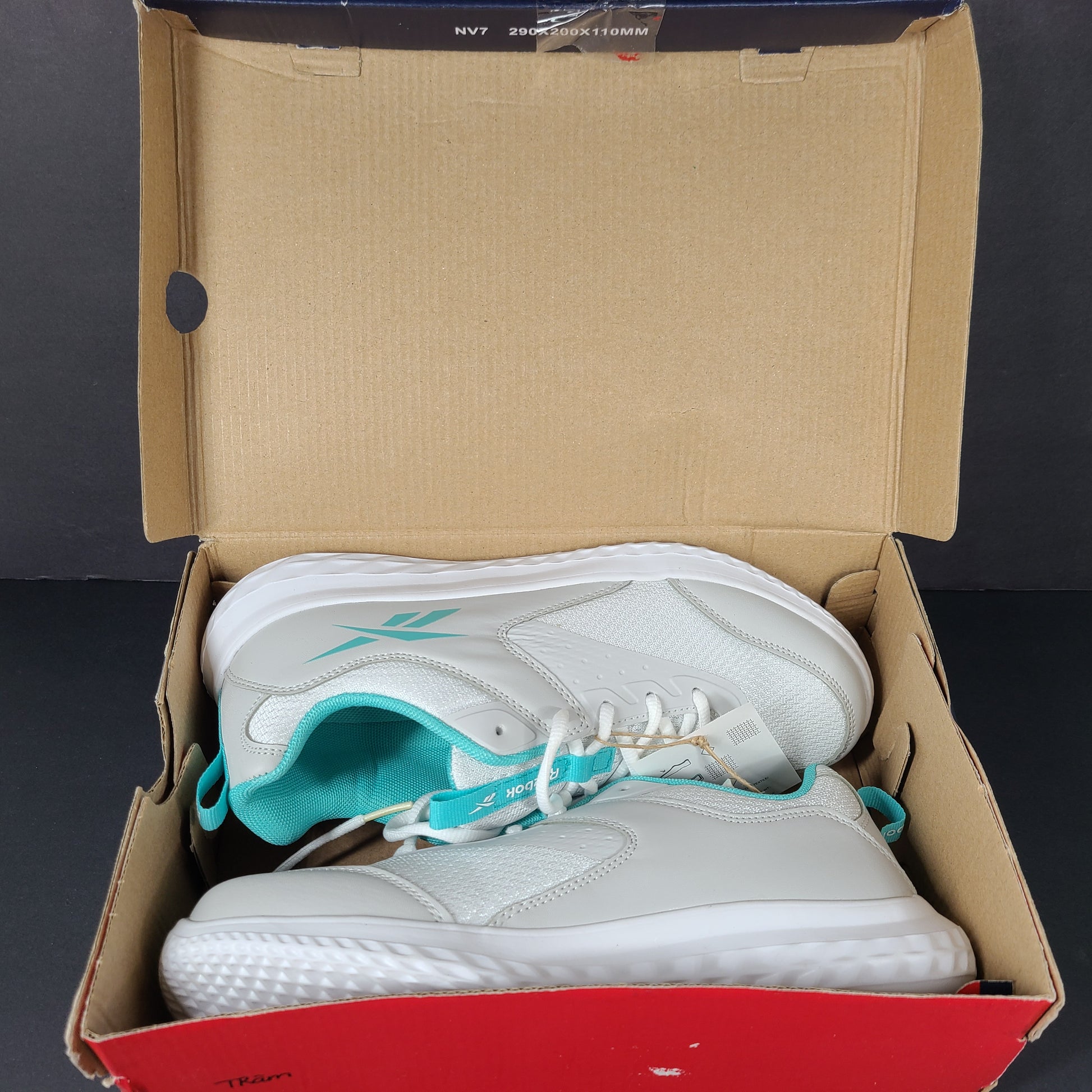 New Reebok Rush Runner 4.0 in white and teal, two pairs in US sizes 5.5 and 7.