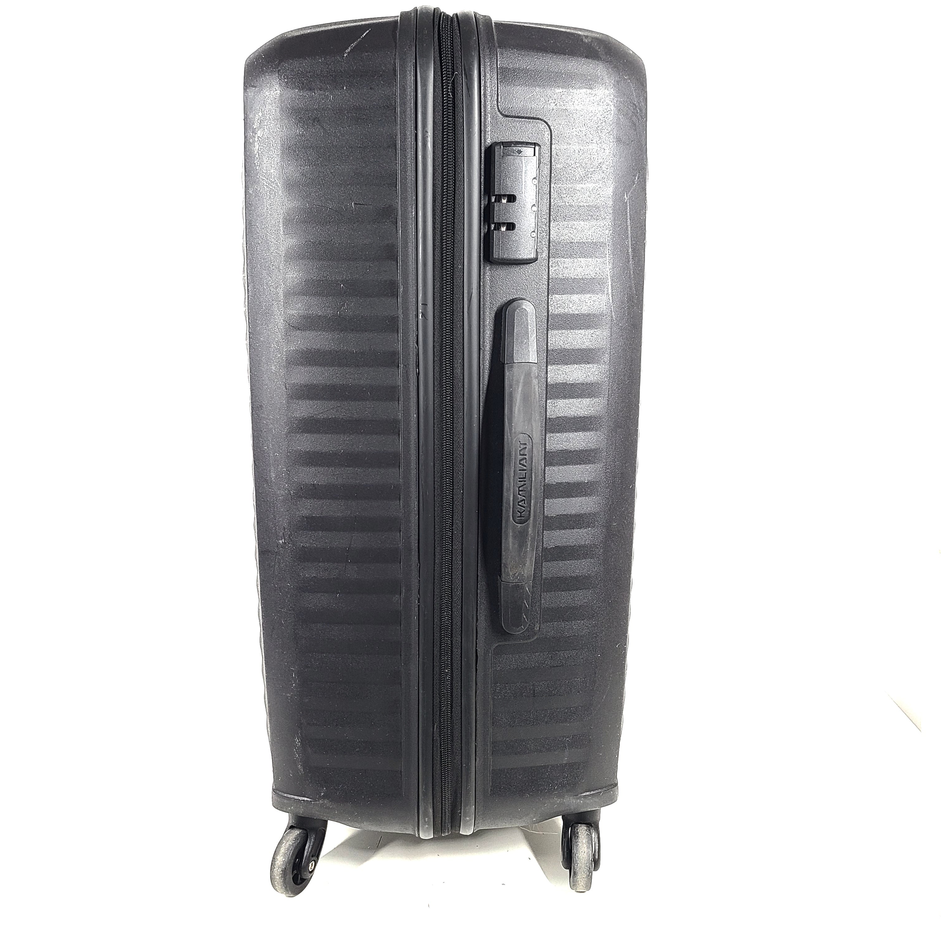 Black Kamiliant hard-shell spinner suitcase with four smooth-rolling wheels and a telescoping handle.
