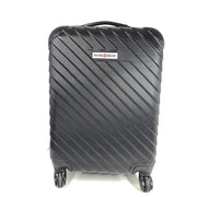Black SwissGear suitcase with interior logo lining and scuff marks on the exterior.