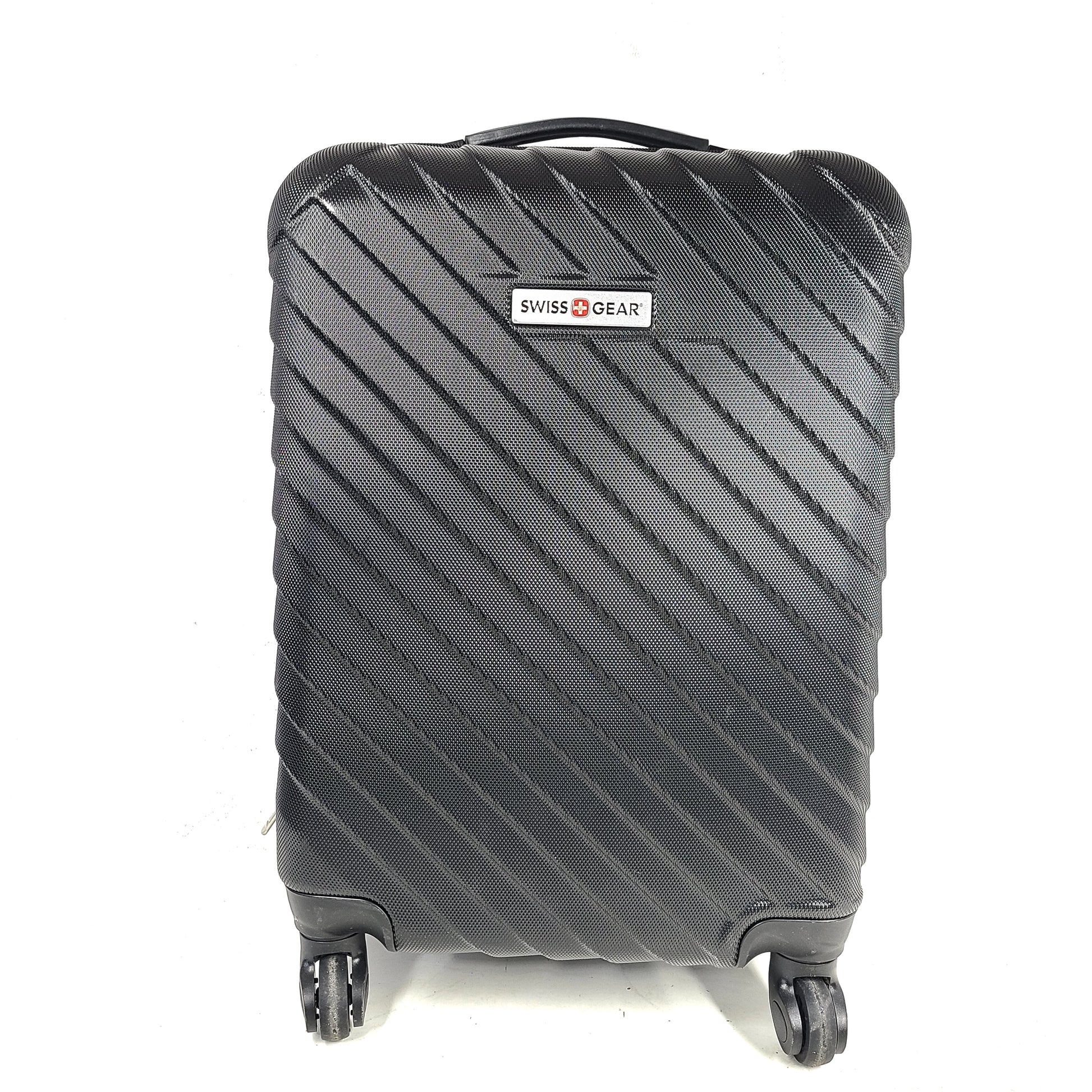 Black SwissGear suitcase with interior logo lining and scuff marks on the exterior.