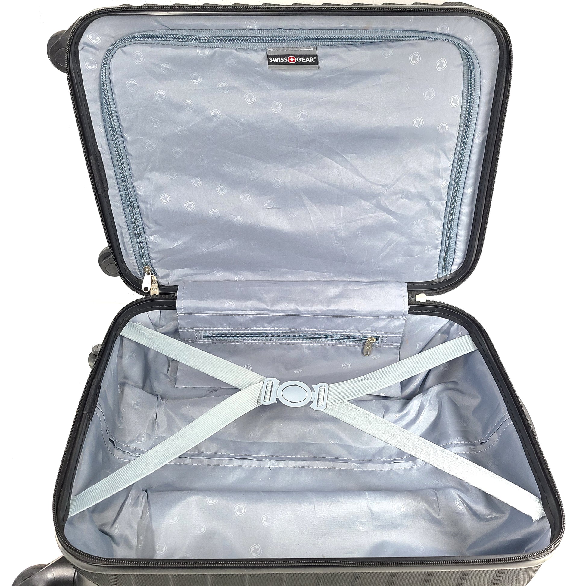 Black SwissGear suitcase with interior logo lining and scuff marks on the exterior.