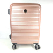 Rose gold Heys Aerolite hardshell carry-on with spinner wheels and telescoping handle for smooth travel.