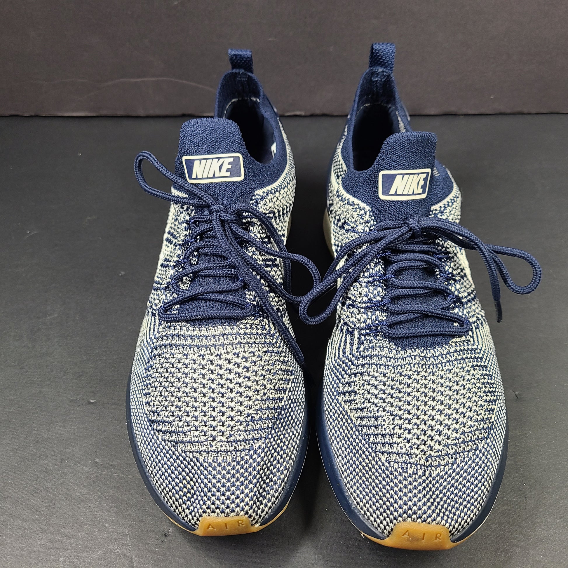 Nike Air Sock Racer Flyknit sneaker in blue and white, US size 8, made in Vietnam.