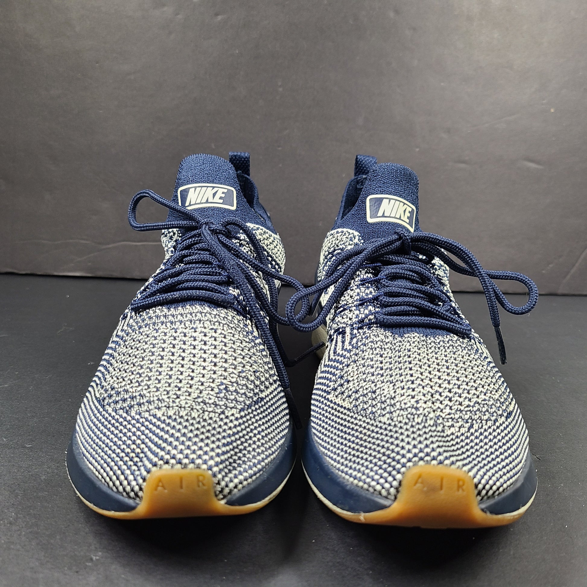Nike Air Sock Racer Flyknit sneaker in blue and white, US size 8, made in Vietnam.
