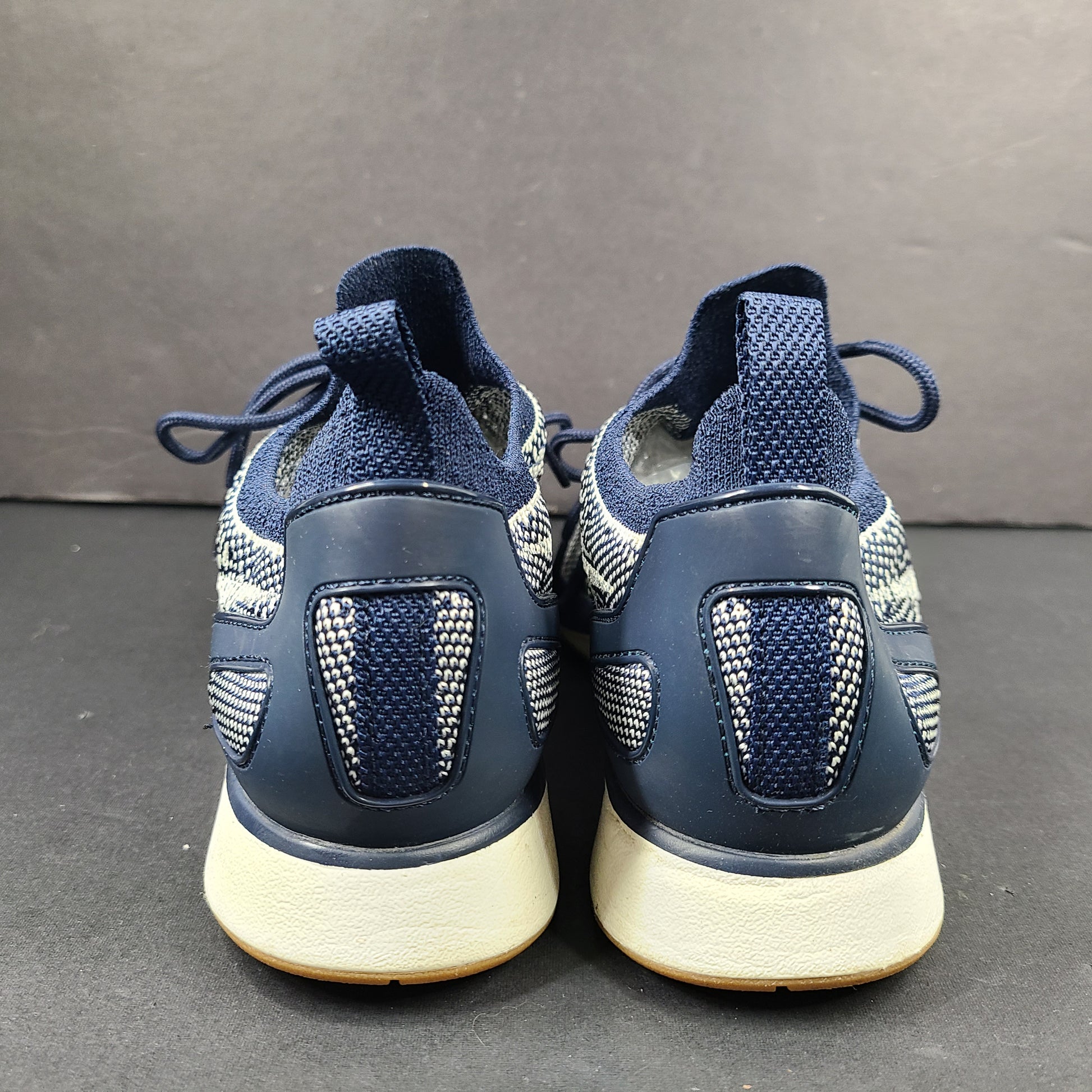 Nike Air Sock Racer Flyknit sneaker in blue and white, US size 8, made in Vietnam.