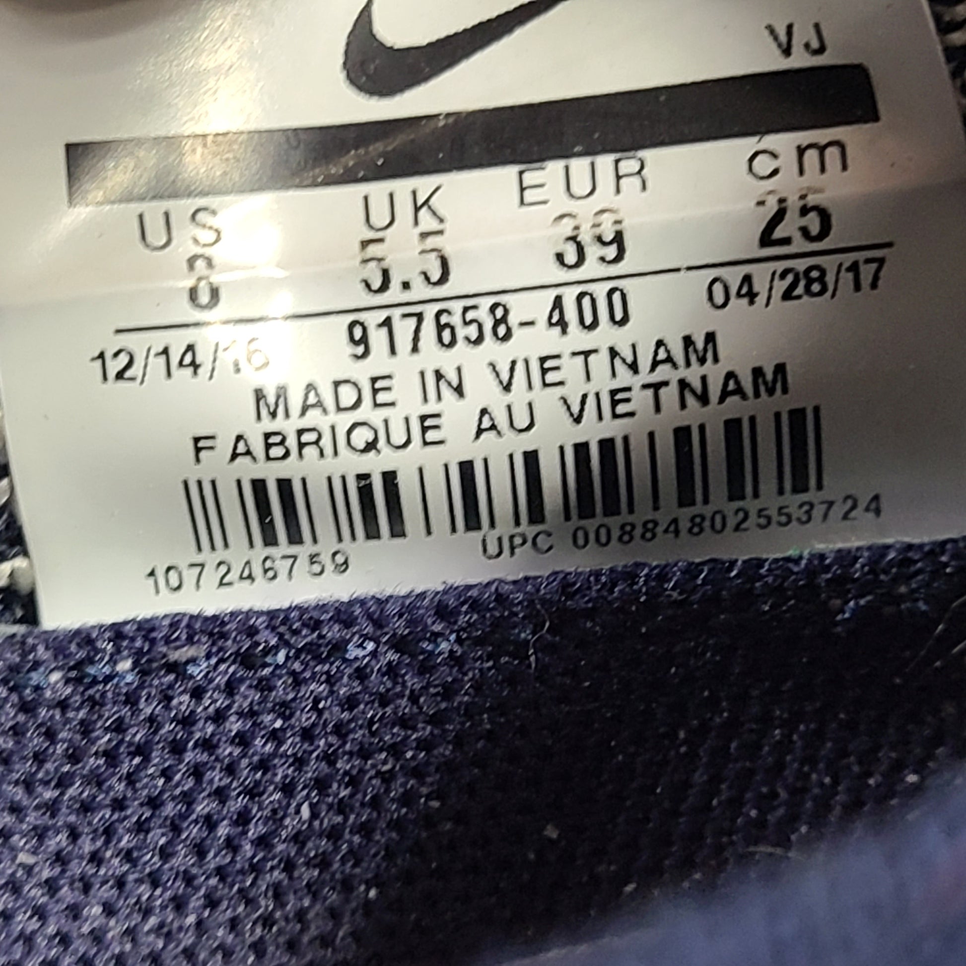 Nike Air Sock Racer Flyknit sneaker in blue and white, US size 8, made in Vietnam.