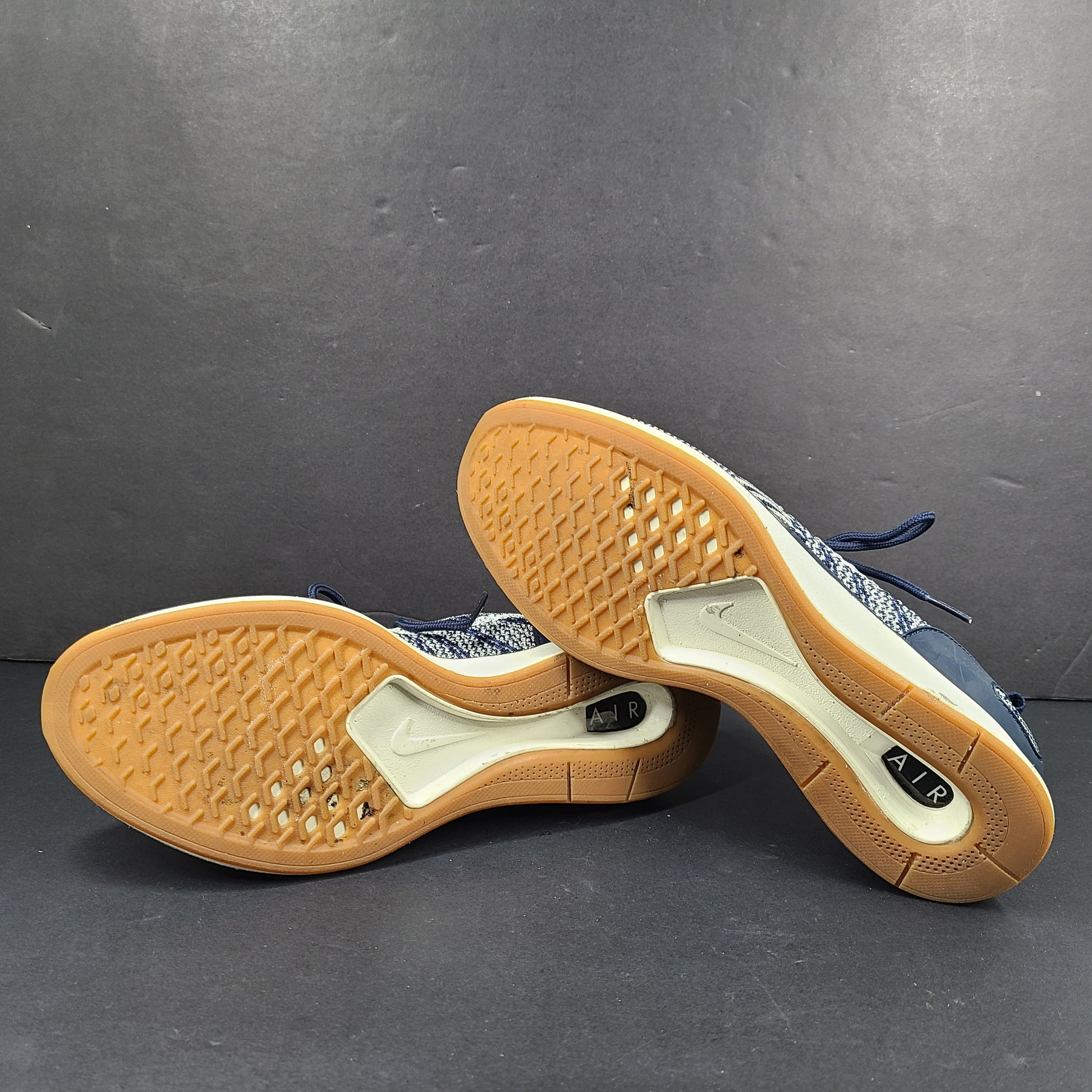 Nike Air Sock Racer Flyknit sneaker in blue and white, US size 8, made in Vietnam.