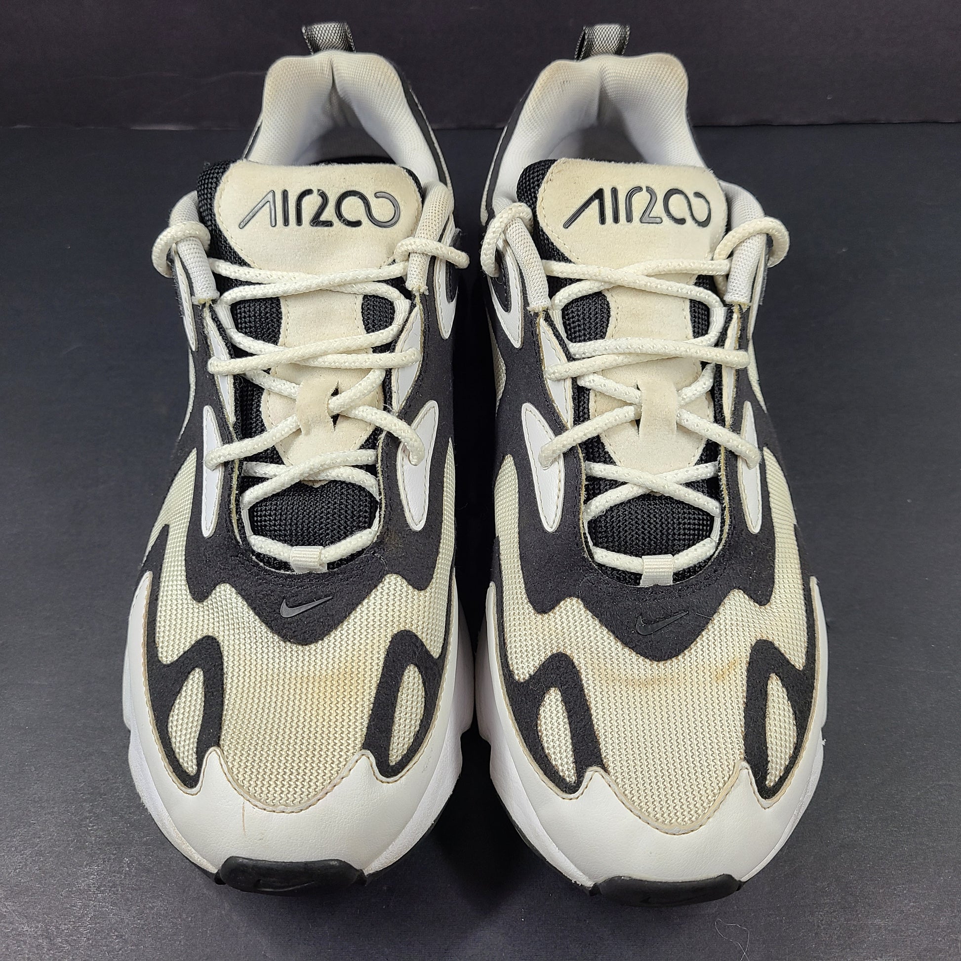 Nike Air Max 200 in black, white and beige with light sole wear and US size 9.5.