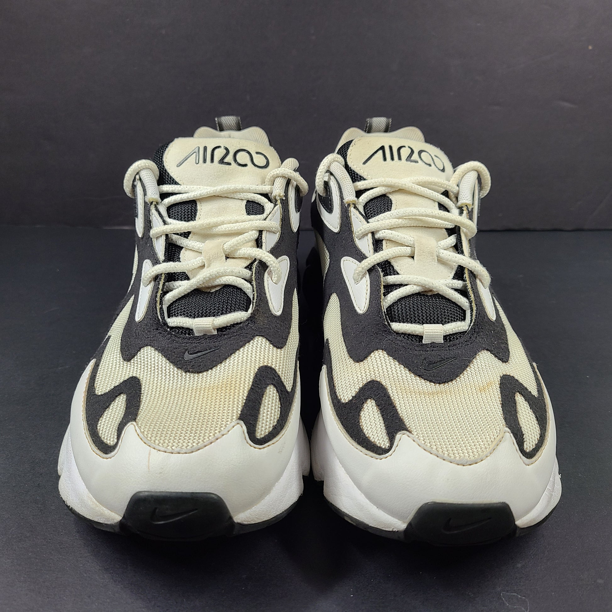 Nike Air Max 200 in black, white and beige with light sole wear and US size 9.5.